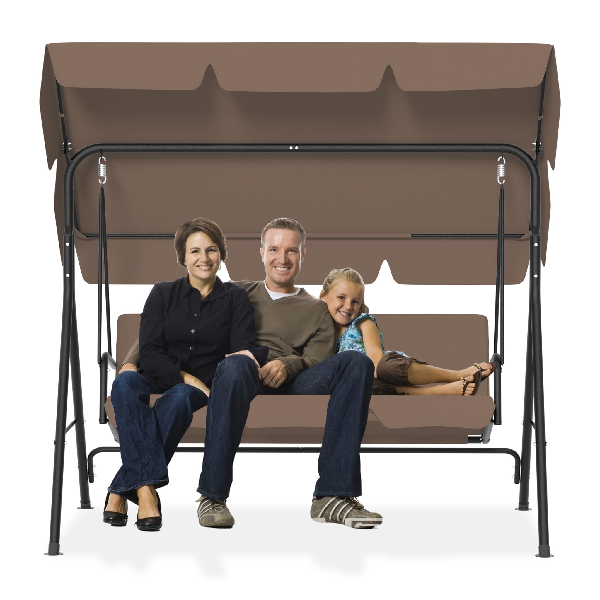 176x110x152cm Hollywoodschaukeln mit Sonnendach & Sitzauflage & Stahl Rahmen, 3-Sitzer Garten Schaukelbank belast bis 200KG, Schaukelbank Gartenliege für Outdoor & Indoor (Braun)