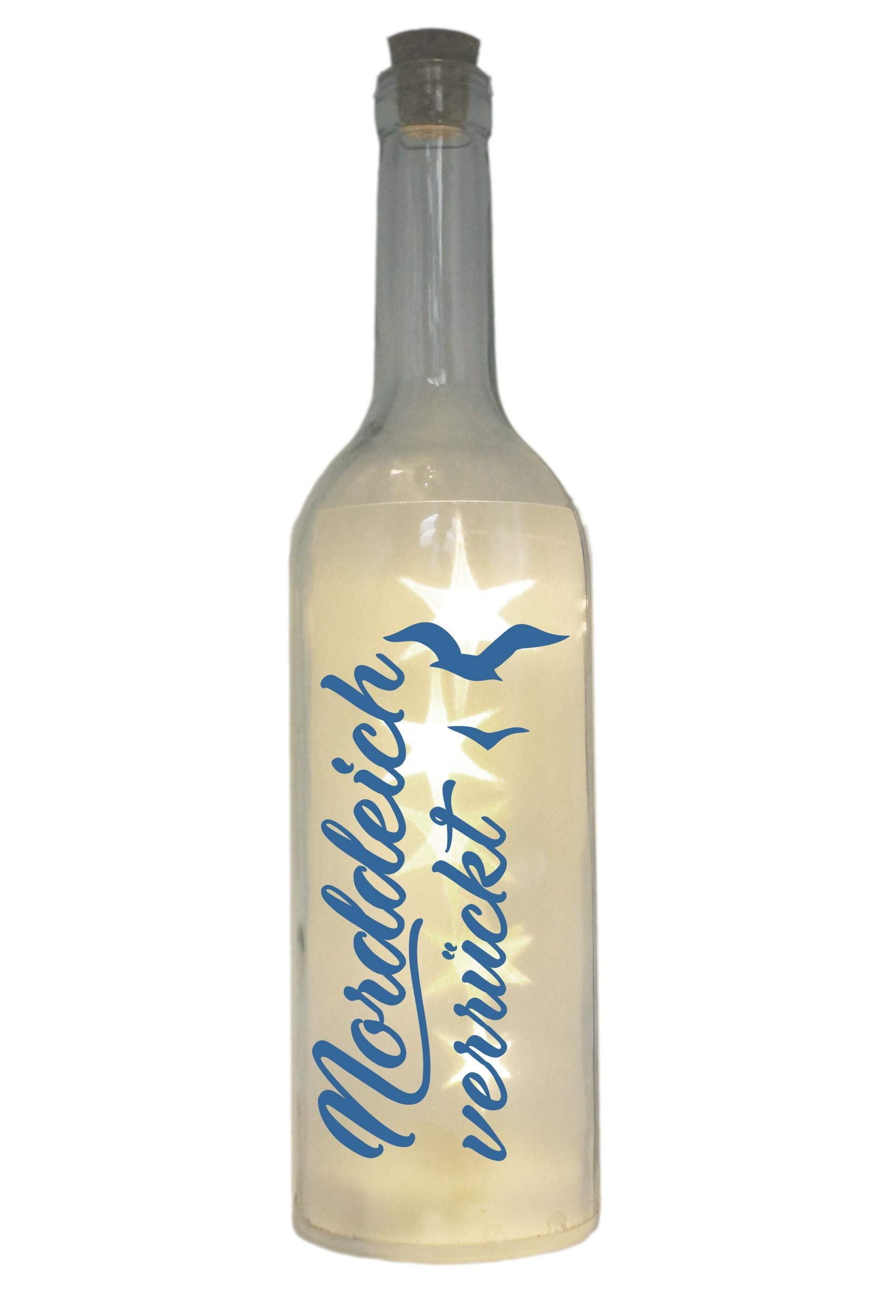 LED-Flasche 'Norddeich Verrückt Mit Möwen' – 29 Cm, Mit Lichterkette, Grau