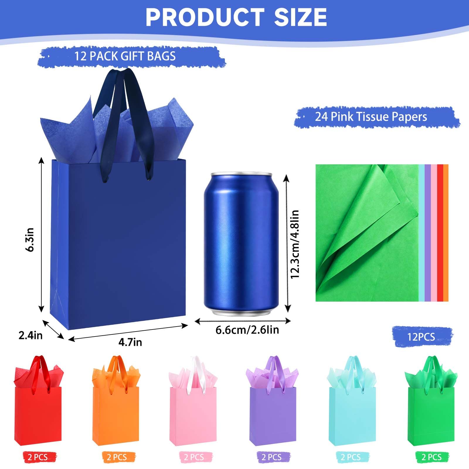 Ethhqu 12-Pack Small Gift Bags with Handles - Includes 24 Tissue Papers, 6.3x4.7x2.4 Inches Mini Gift Card Bag for Birthday Party, Baby Shower, Wedding, Holiday