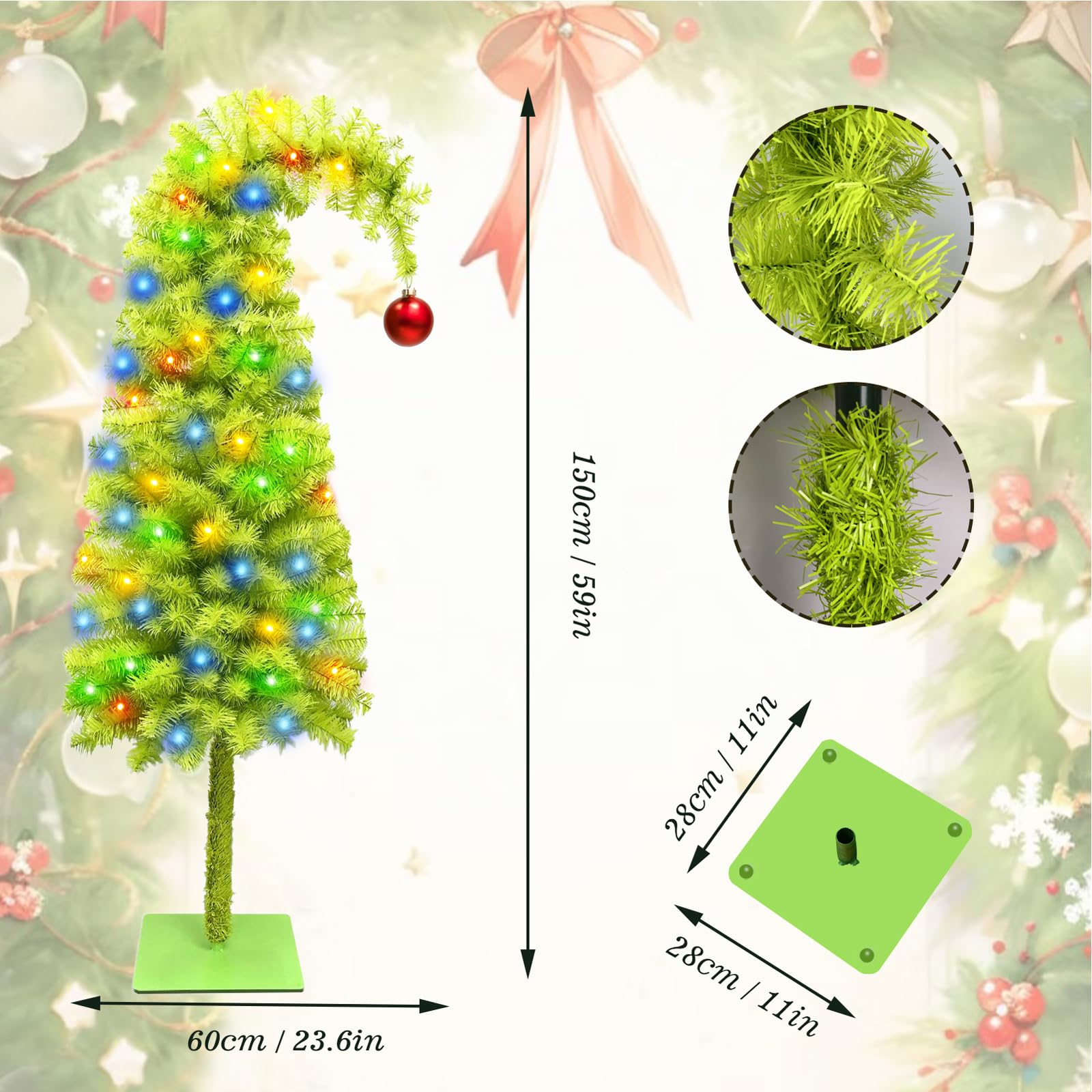 150cm Künstlicher Weihnachtsbaum mit Roter Kugelspitze Lichterkette, pop up decorated weihnachtsbaum mit beleuchtung, grinch Grüner weihnachtsbaum Christmas Tree, für Innen Außen Weihnachtsdeko (Grun)