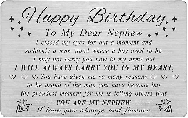 DEGASKEN Nephew Birthday Cards Adult - Happy Birthday Nephew - Metal Engraved Wallet Card
