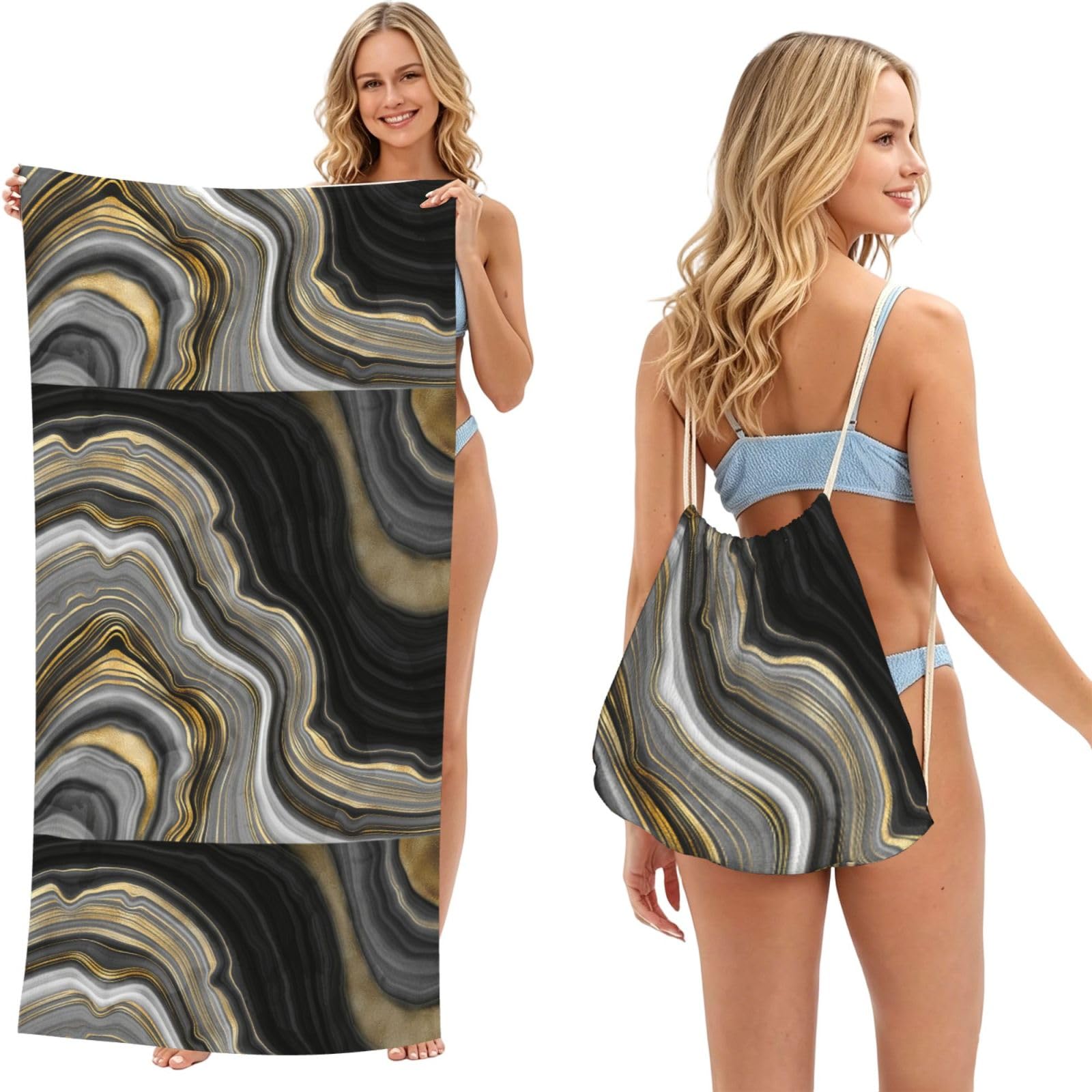 Poadnly Modern Black And Gold Agate Gemstone, 2 in 1 Packable Towel Bag, Beach Towels with Drawstring Backpack for Travel Holiday Camping
