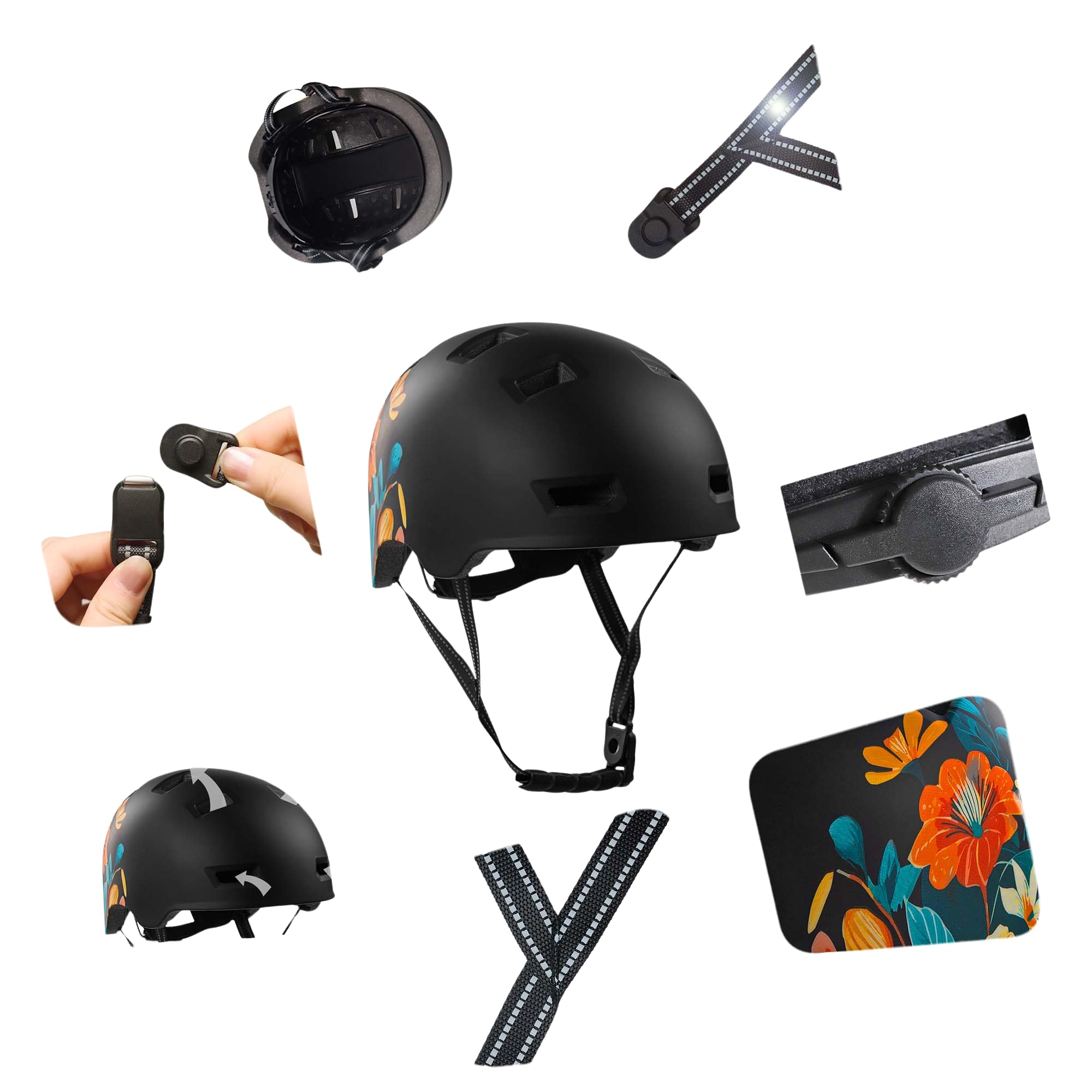 Crazy Safety Rampage Fleur Noire | Casque pour vélo, Skateboard, Rollers et BMX | Casque de vélo pour Hommes, Femmes et Enfants | M (54-57cm) | Casque Ajustable pour skateurs et Cyclistes