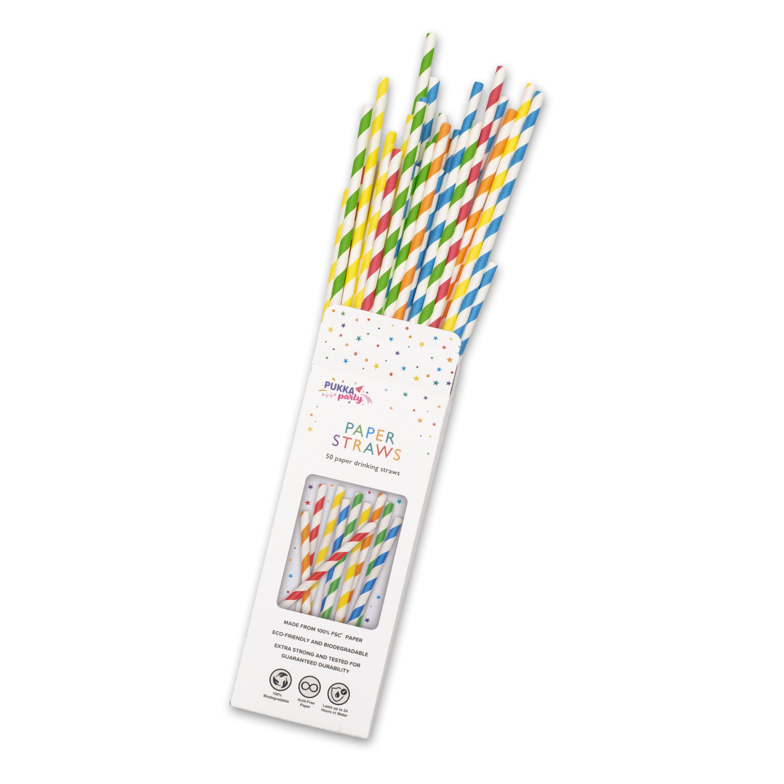 PUKKA party Stripy Paper Drinking Straws, 50 Pack in 5 Assorted Colors, Extra Strong and Durability Tested - Image 2