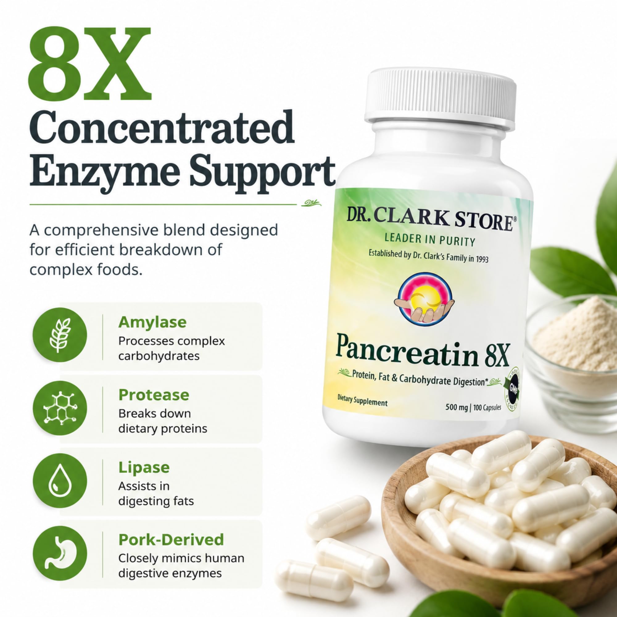 Dr Clark Store Pancreatin 8X Enzyme Supplement 500mg, 100 Gelatin Capsules — Amazon image 3