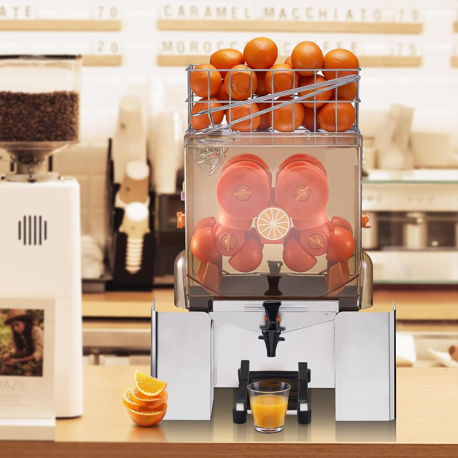 Machine à jus d'orange automatique commerciale,Avec robinet,Presse-agrumes automatique acier inoxydable,pouvant presser 20 oranges par minute,avec boîte filtre extractible,2seaux récupération
