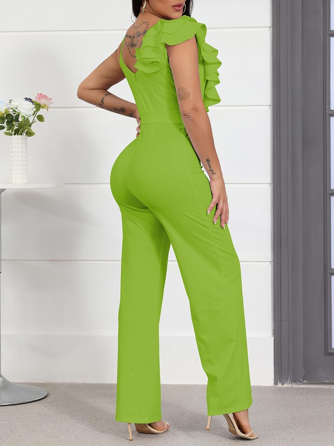 HBQ Womens Casual One Piece Jumpsuits V-Neck Sleeveless Ruffle Backless Belted Elegant Romper Wide Leg Pant Sexy Party Clubwear Overalls-Light Green-XL - Image 3