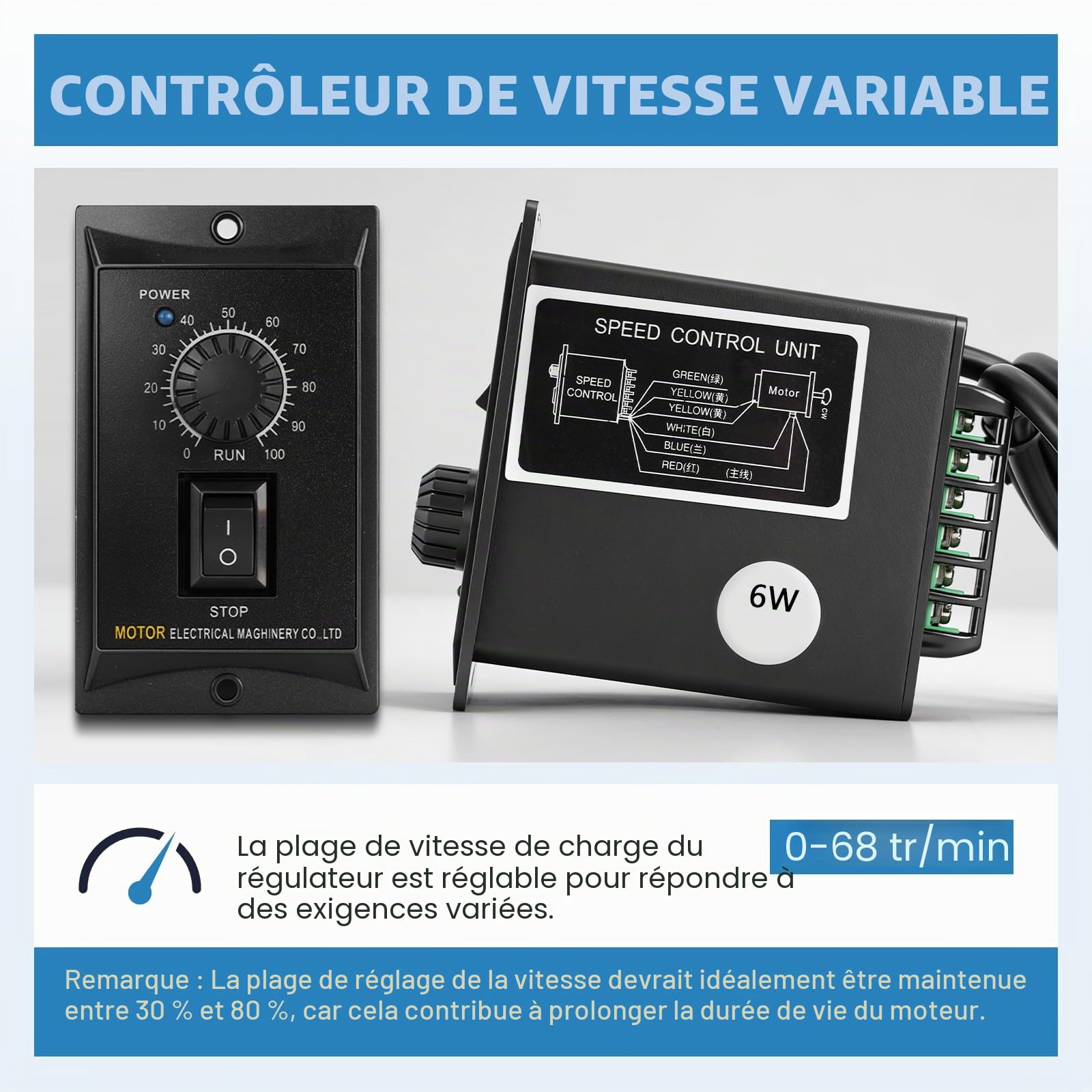 MXBAOHENG Moteur à engrenages 6 W avec régulateur de vitesse 0-68 tr/min