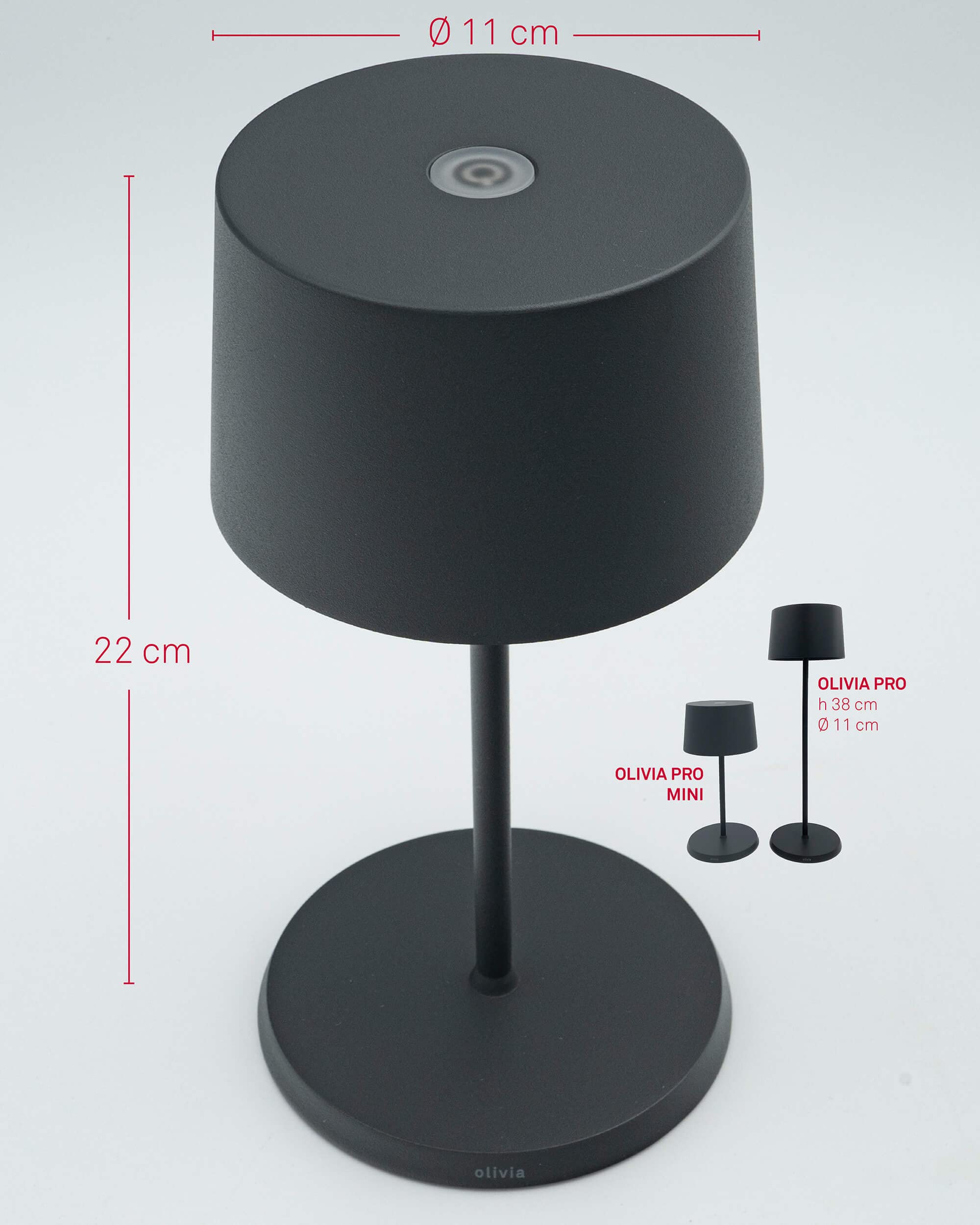 Zafferano, Lampada Olivia Mini, Lampada da Tavolo Portatile e Ricaricabile con Controllo Touch, Adatta per Salotto ed Esterni, Dimmer, 2700-3000 K, Altezza 22 cm, Colore Grigio Scuro
