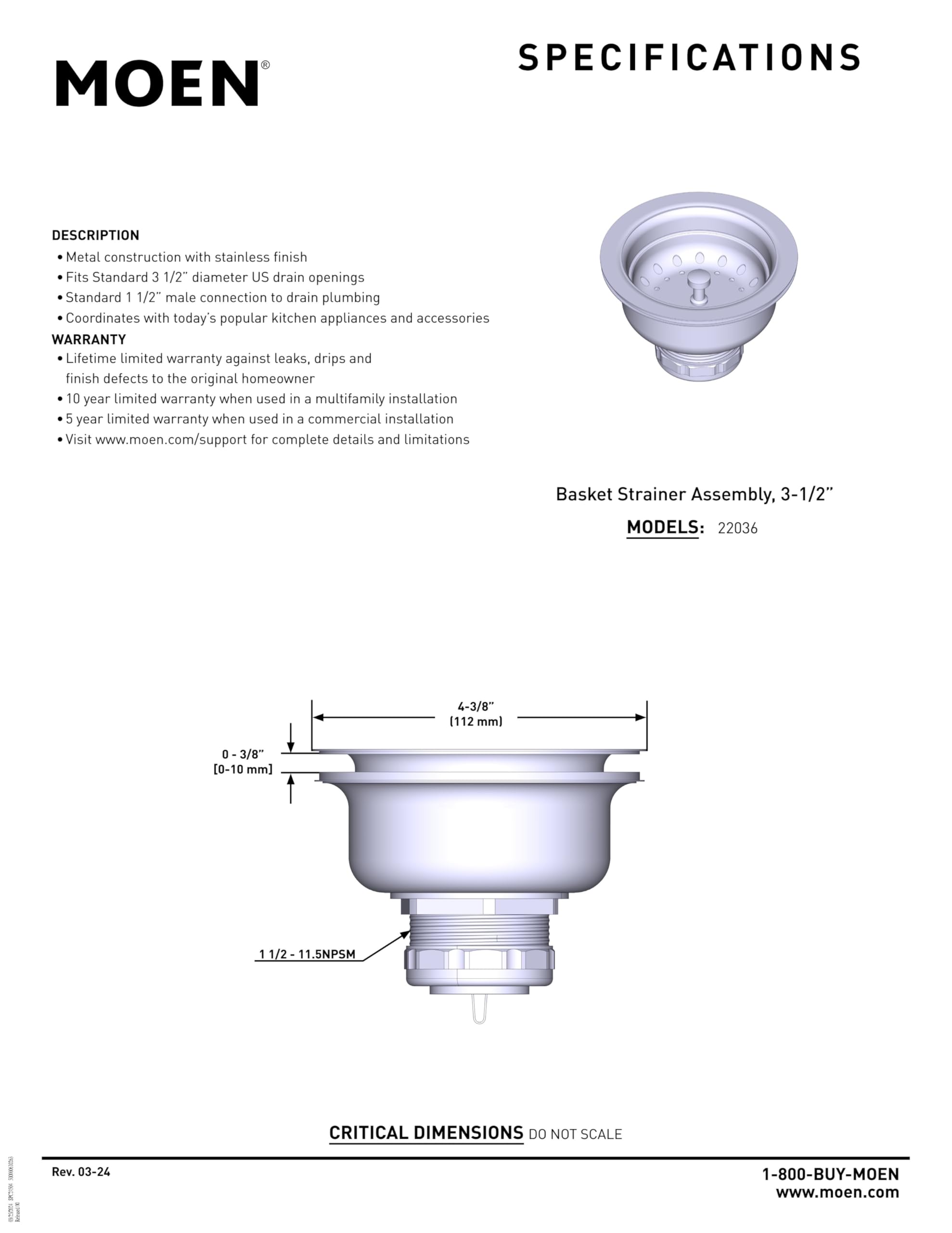 Moen Kitchen Sink Stainless Steel Basket Strainer with Drain Assembly, 3-1/2 Inch Sink Drain Stopper Plug, 22036