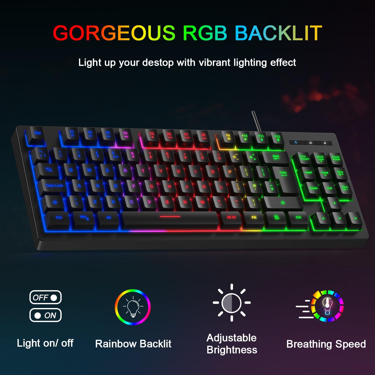 Set di tastiera e mouse da gioco, layout UK 75% TKL RGB retroilluminato, mouse ergonomico a LED a 4 colori, tappetino per mouse grande, USB Plug & Play per PC, Mac, Xbox, PS4