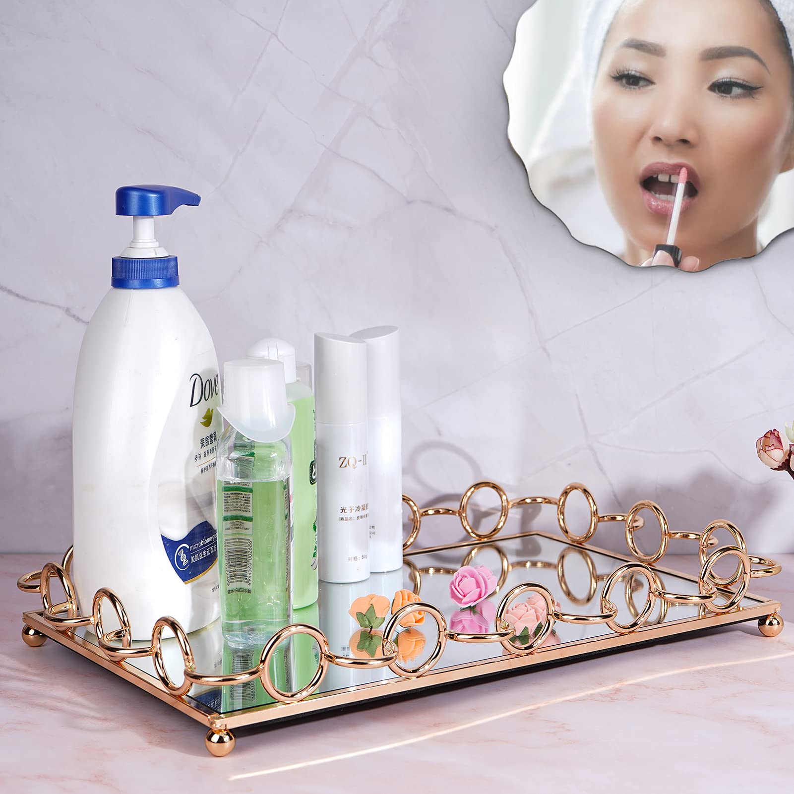 TIMARRY MAK Golden Mirror Tray, Metal Glass vanity tray, Tray decor, golden metal mirror of Makeup tray, Cosmetics tray, Perfume tray, Jewelry tray ,metal glass tray decor