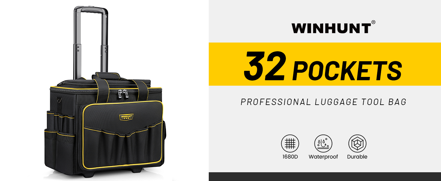 WINHUNT 18inch Wide Mouth Rolling Tool Bag, 32 Pocket Tool Trolley