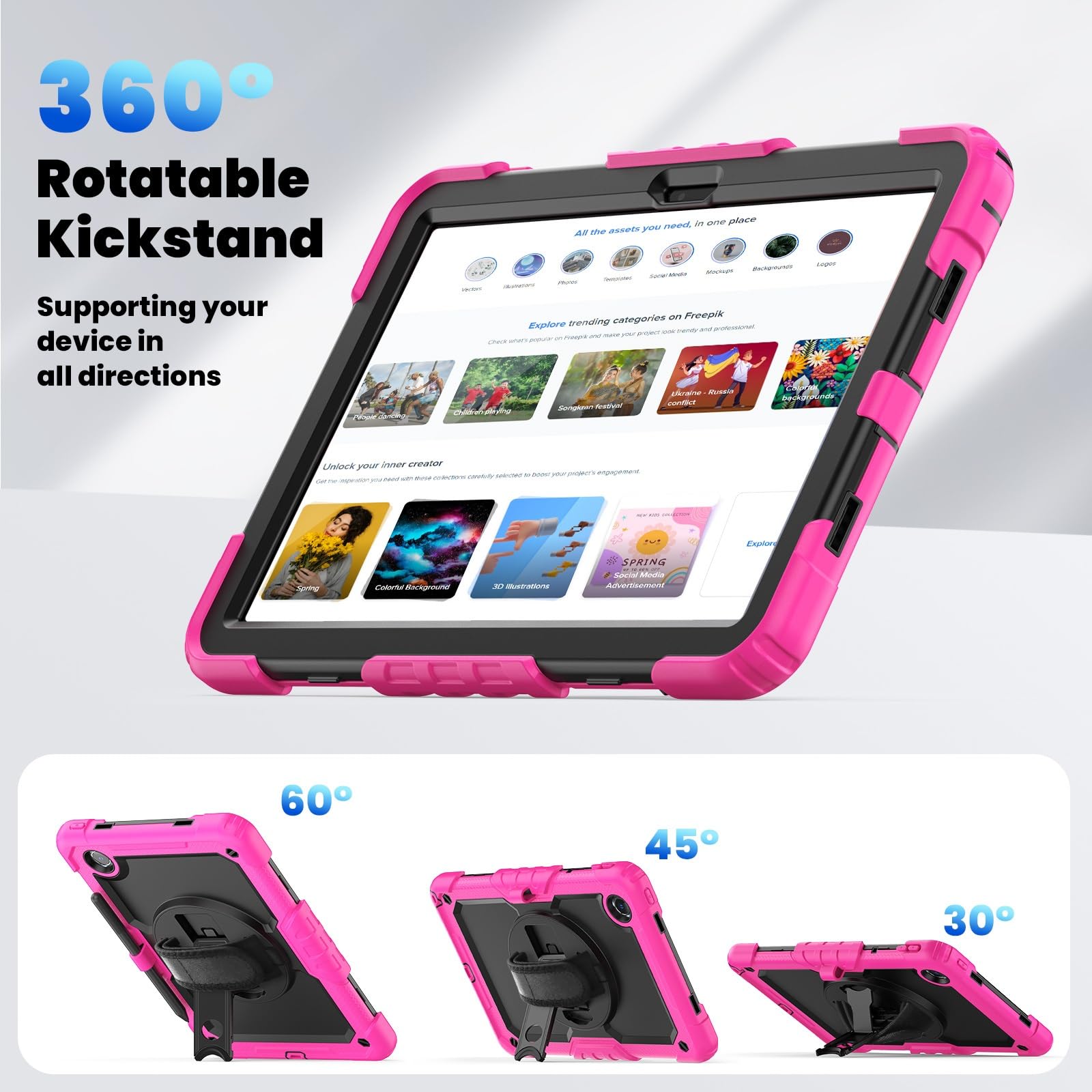 Kompatybilny z Lenovo Tab M11 TB-330FU/Lenovo Xiaoxin Pad 2024 TB-331FC Wytrzymała, odporna na wstrząsy obudowa TPU, osłona ochronna osłoną ekranu Obrotowa podpórka 380 + pasek rękę + ramię(Rose red)