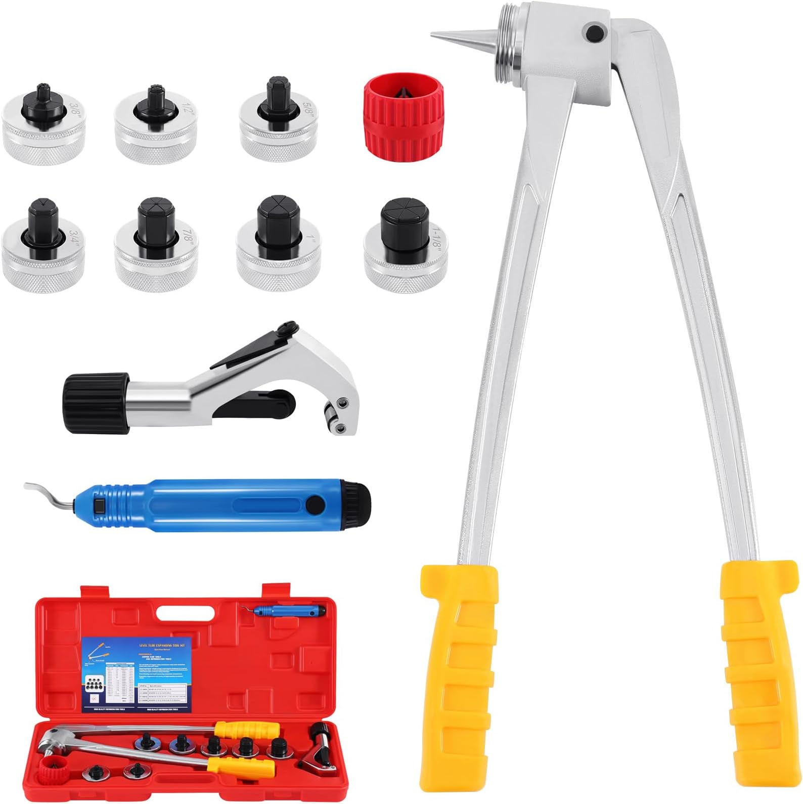 Copper Pipe Tube Expander Tool Kit with Deburring Tool, Pipe Cutter, 7 Tube Expander Heads 3/8"-1-1/8" HVAC Swaging Tool Kit, Tubing Expanding Tool for Copper, Aluminum Tube