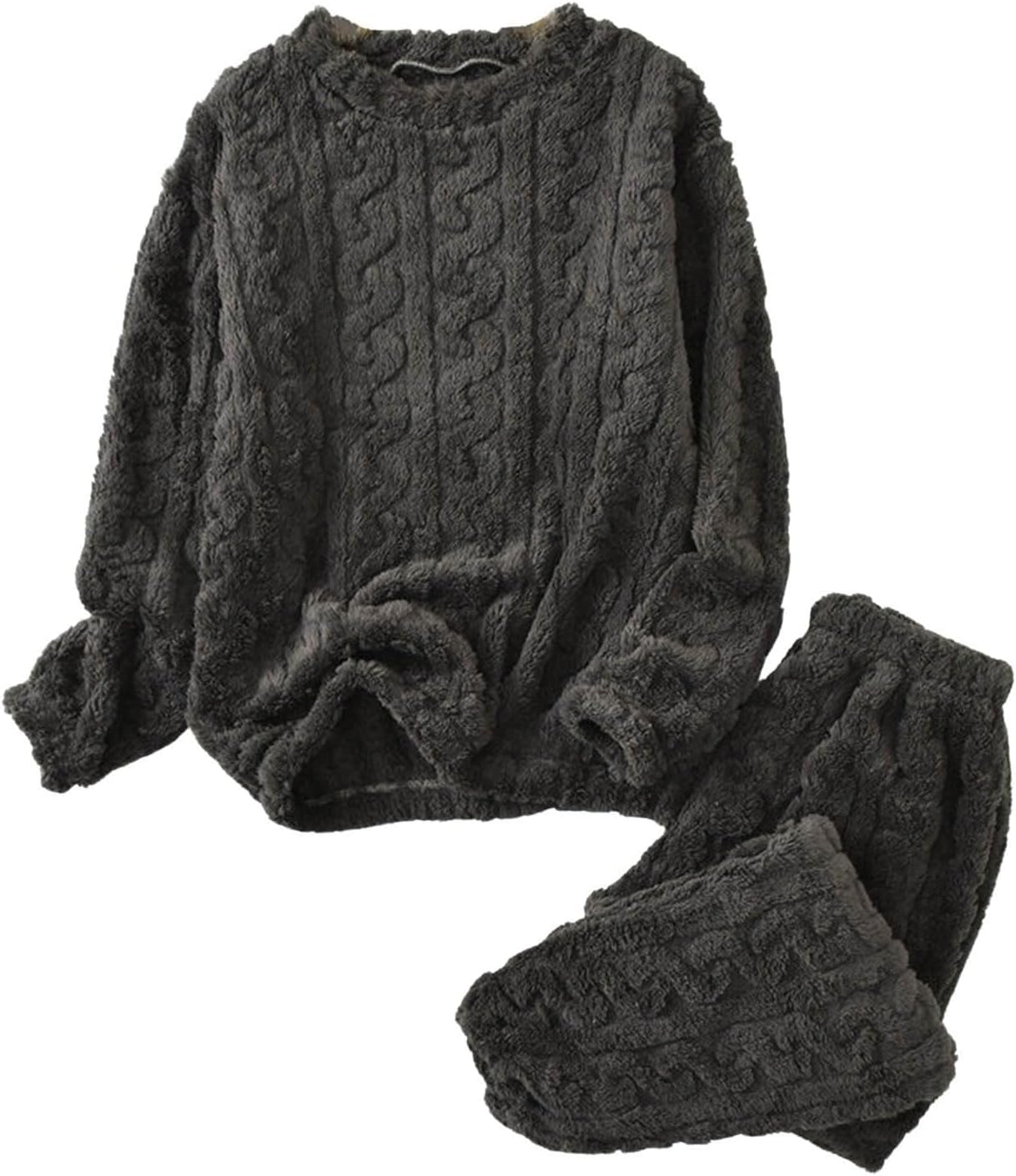 LLECDASEUI Womens Cable Knit Pajama Sets Fluffy Fleece Pullover Pants Soft Lounge Sets Winter Pajamas Sleepwear (Black)