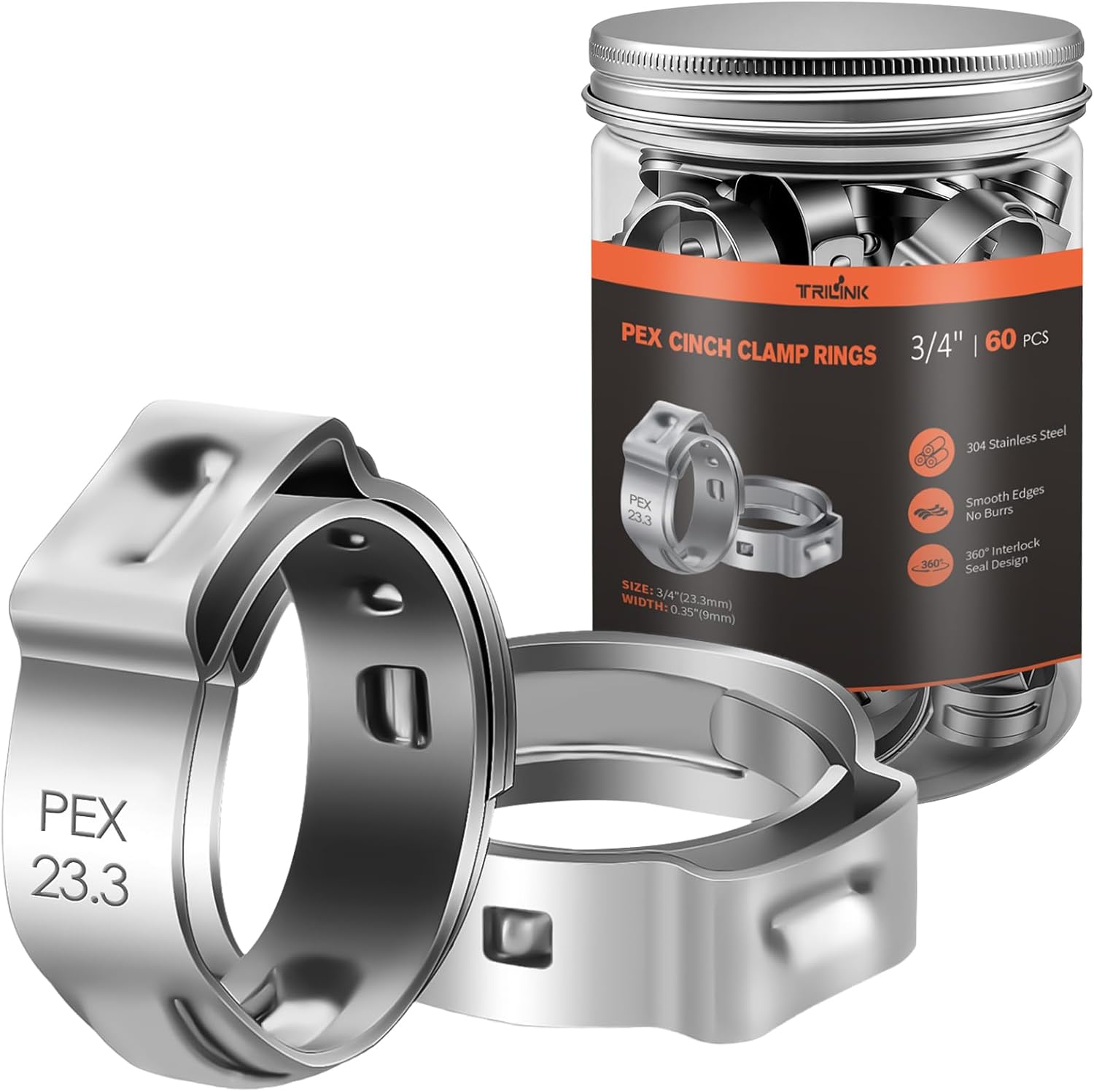 TRILINK 1/2" PEX Crimp Rings 120-Pack, 304 Stainless Steel Single Ear Cinch Clamp Rings, 1/2 Inch Leak-Proof Pinch Clamps Compatible with PEX Tubing & Standard Cinch Tools