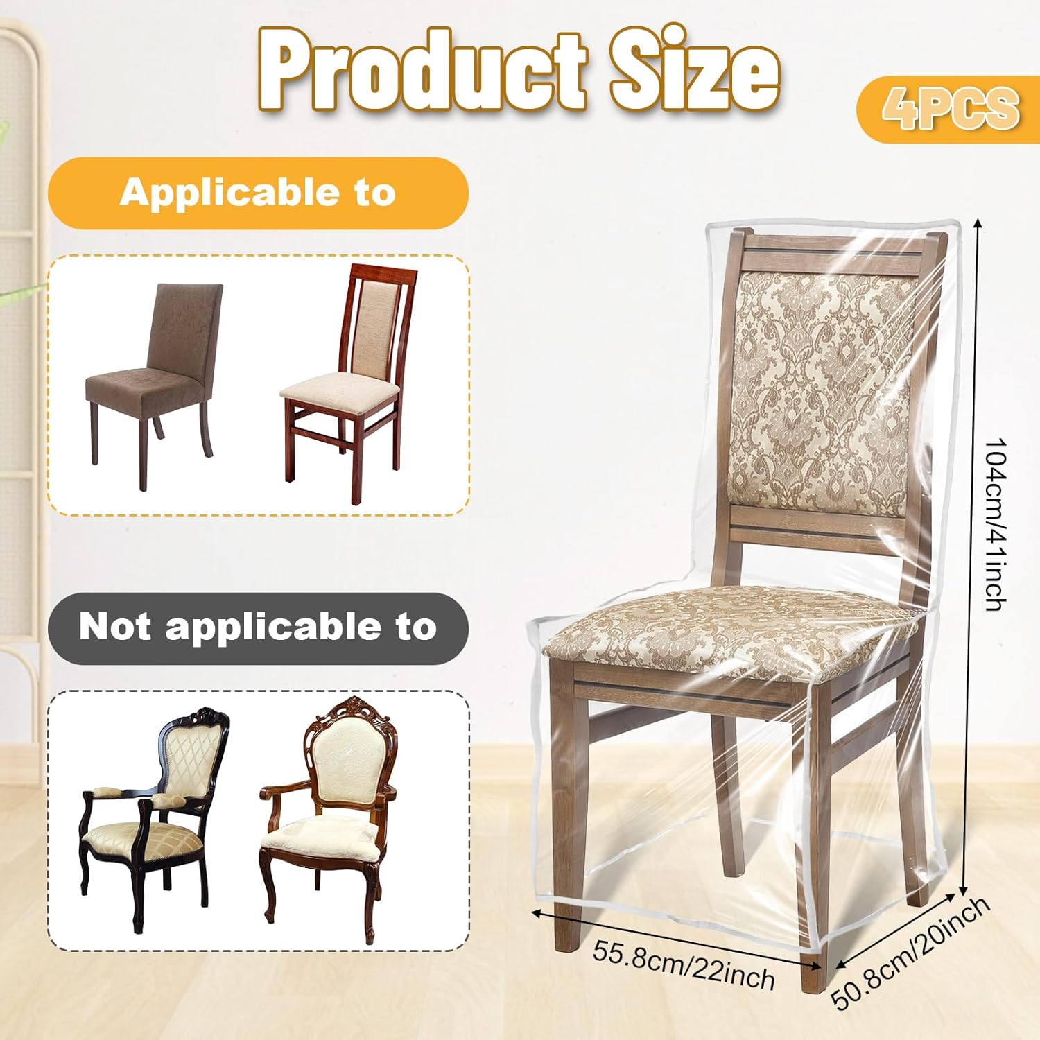 4 Pack Plastic Dining Room Chair Covers with Backrests Clear PVC Seat Protectors Keep Your Dining Chair Away from Water, Dust, Paws, and Claws, 20" D x 22" W x 41" H