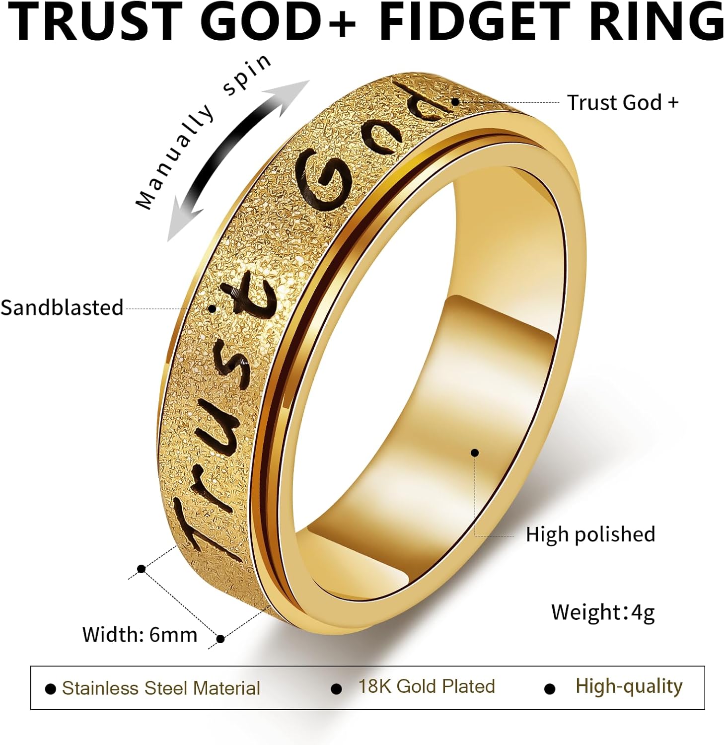 AmorArtSky Trust God Fidget Spinner Ring for Women & Men - Anxiety Relief 18K Gold Plated Stainless Steel, Hypoallergenic Fidget Gift for Her,Size 6/7/8/9/10