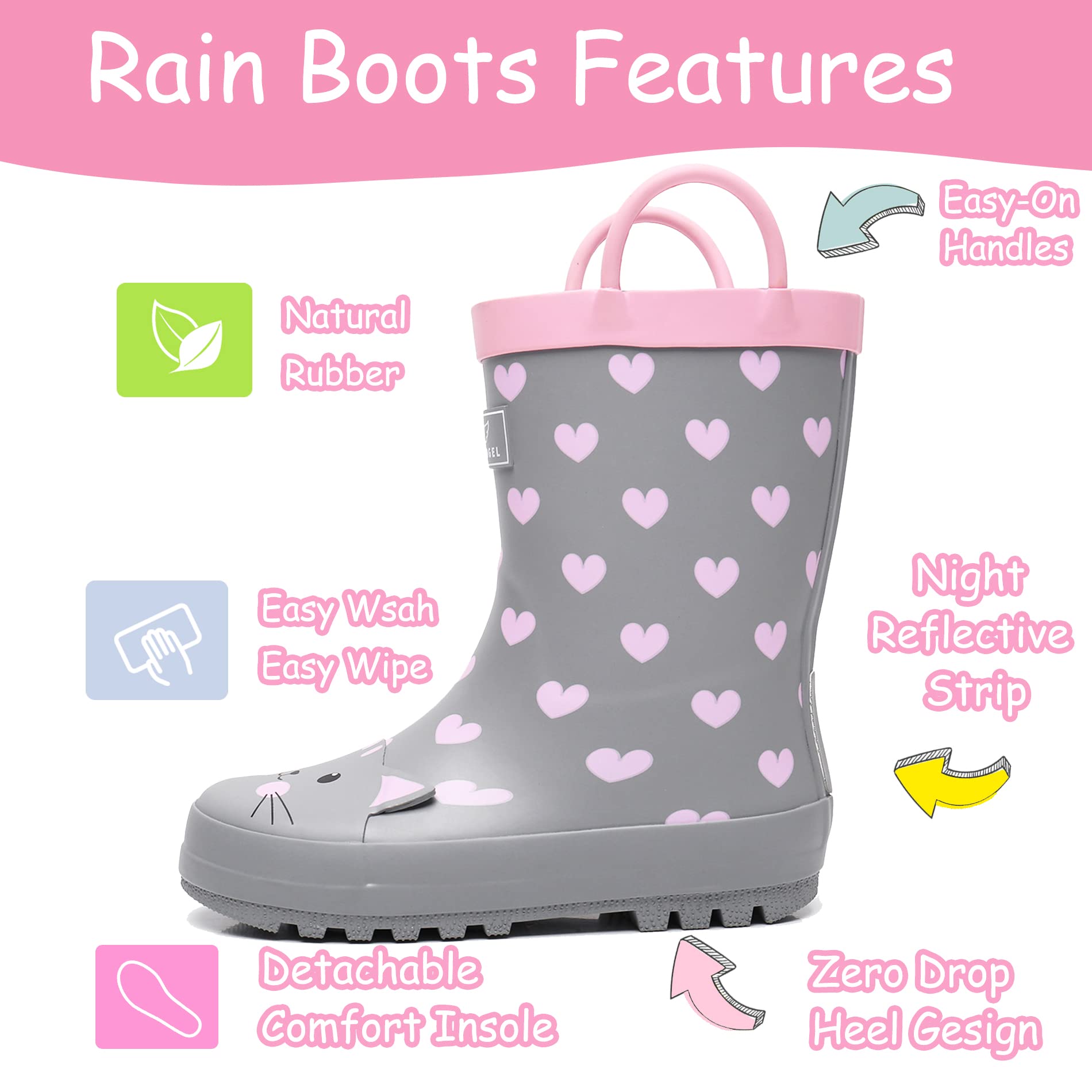 RAINANGEL Botas de lluvia para niños pequeños con asas fáciles de poner, botas de lluvia de goma impermeables para niñas y niños, en divertidos estampados y colores, unisex, botas de lluvia para