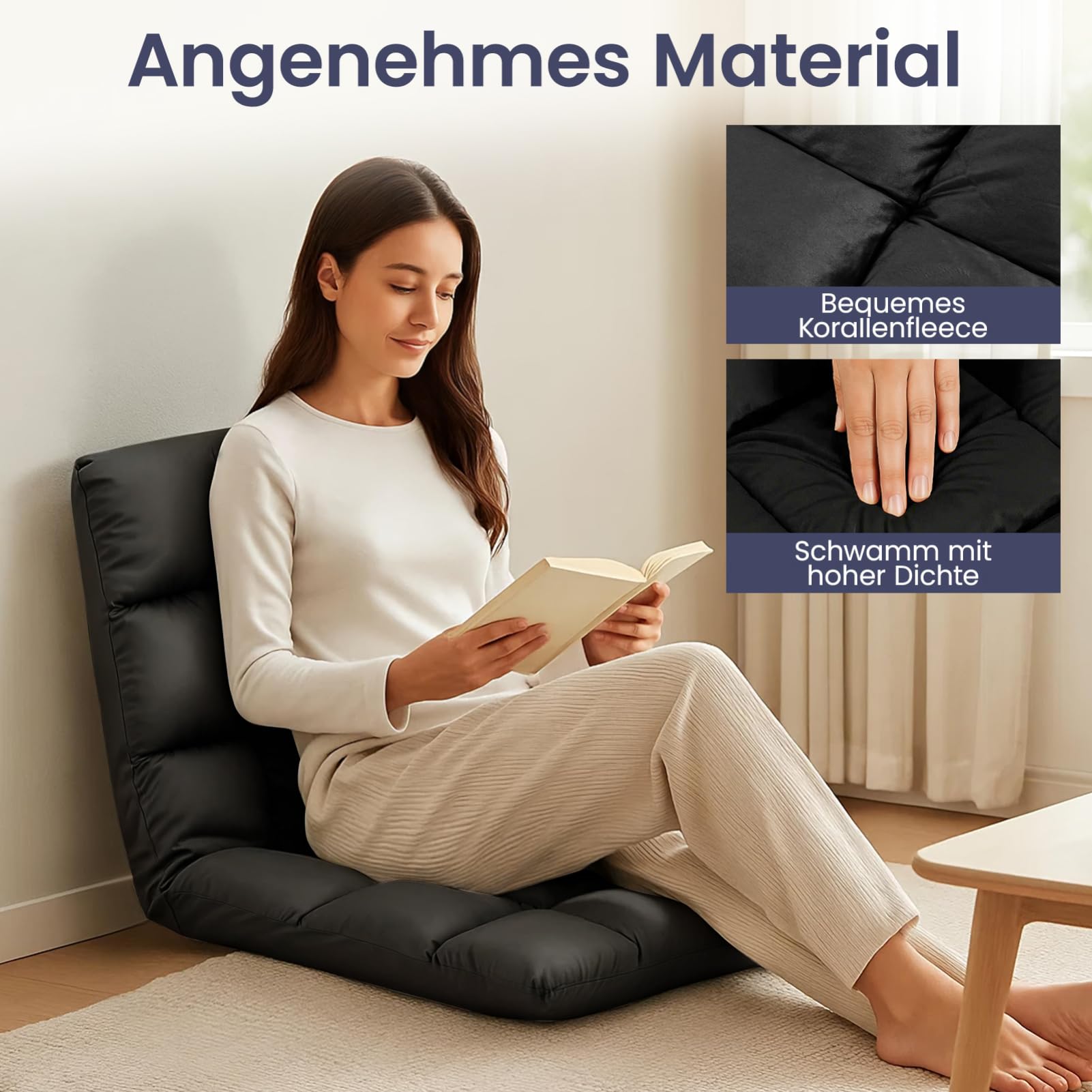 Trintion Bodenstuhl Faltbar mit Verstellbarer Rückenlehne, Relaxsessel & Meditationsstuhl klappbar, nutzbar als Sitzkissen, Bodenkissen Liegefläche für Wohnzimmer, Yoga, Meditation, Schwarz