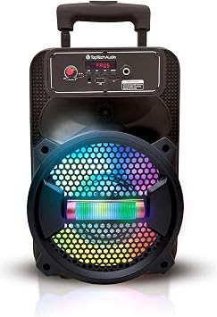 TOPTECH Rock-8 Fully Amplified 1500W Portable Bluetooth Speaker, 8-Inch Woofer, LED Lights, 5-Hr Rechargeable Battery, USB, TF Card, FM Radio, AUX Inputs, Wired Microphone for Karaoke, Black