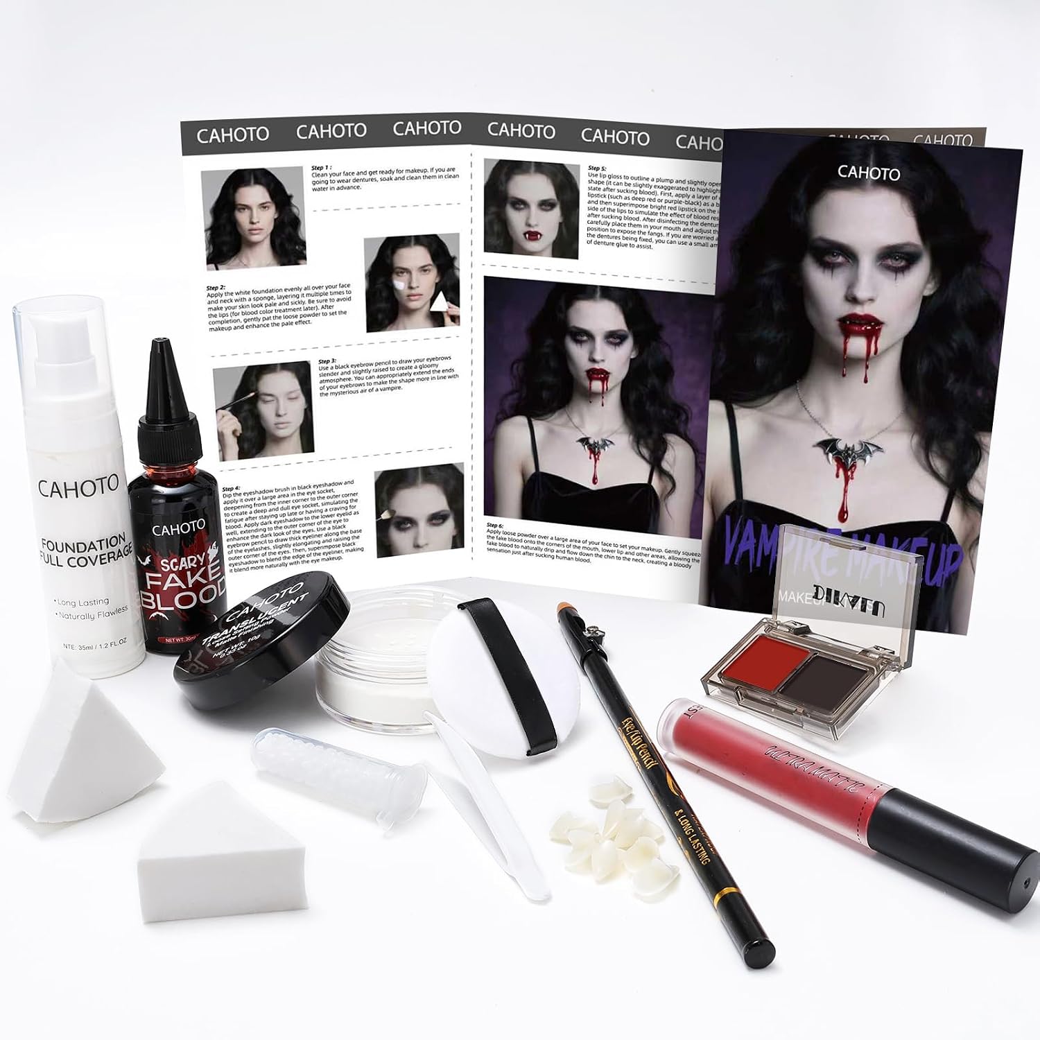 Halloween Vampire SFX Makeup Kit, Complete Makeup Set Include White Liquid Foundation, Vampire Teeth Fangs, Fake Blood, Setting Powder, Eyeshadow & Black Lipstick for Cosplay, Carnival - Amazon product rated Grade C