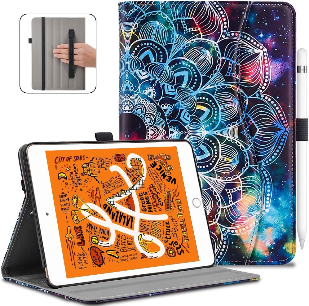 VORI Case for New iPad Mini 5/iPad Mini 4, Leather Folio Stand Smart Cover with Auto Wake/Sleep and Hand Strap for iPad Mini 5th Gen 2019 Released / iPad Mini 4th Gen 2015 7.9 inch, Mandala