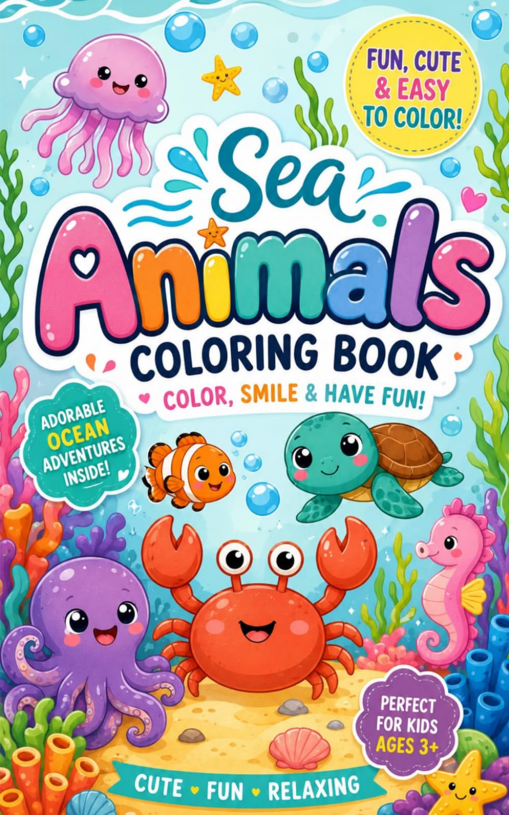 Sea Animals Coloring Book For Kids: Adorable Sea Creatures with Big Simple Designs For Small Hands