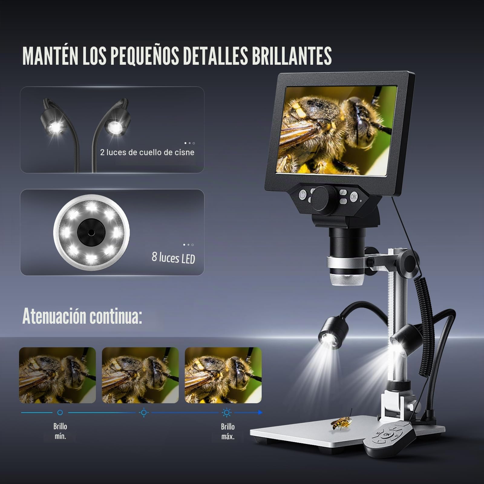 Microscopio Digital 7 Pulgadas, 1200X Aumento 12MP Grabación 1080P con 8 Luces LED Ajustables, Pantalla IPS, Conexión PC para Soldadura, Ciencia, Educación Compatible con Windows