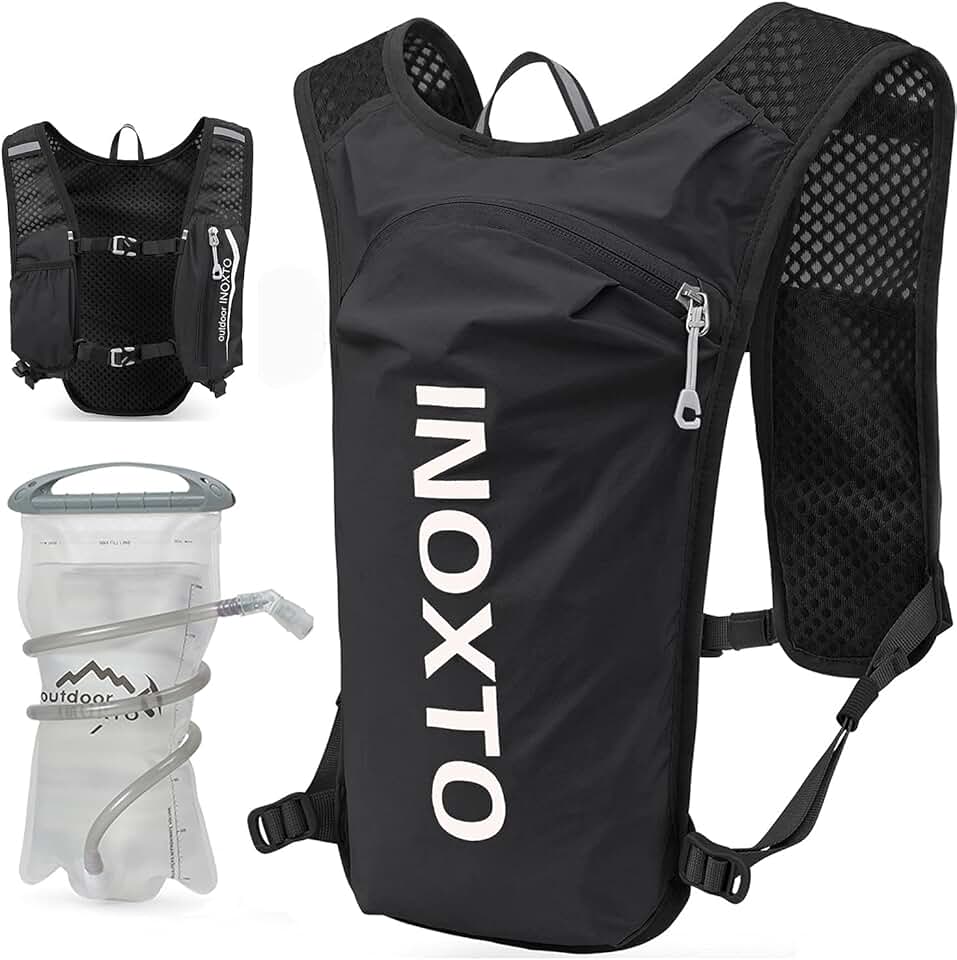 INOXTO Mochila de Colete de Hidratação para Corrida, Pacote Leve e Isolado com Bolsa de Bexiga de Água de 1,5L para Caminhada, Trilha, Corrida, Ciclismo, Maratona para Mulheres e Homens (Preto)
