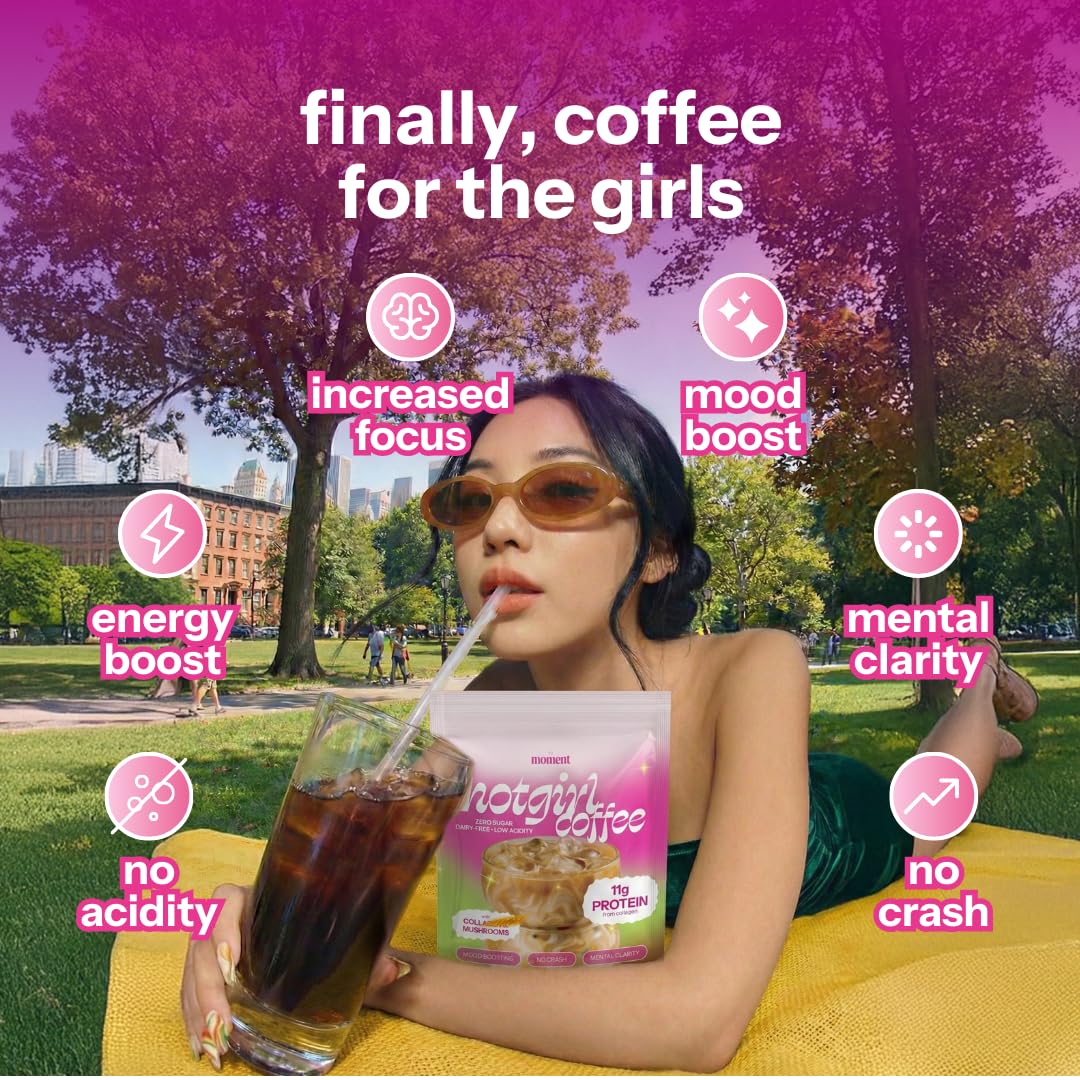 Moment Hot Girl Mushroom Coffee with Collagen Protein & Creatine – Low Acidity Instant Coffee with Chocolatey Notes, Lion’s Mane, Reishi & L-Theanine for Energy, Focus & Mental Clarity – 25 Servings