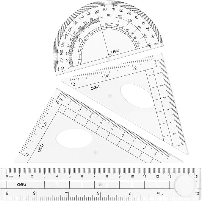 Deli 4 Pieces Math Geometry Tool Plastic Clear Ruler Sets