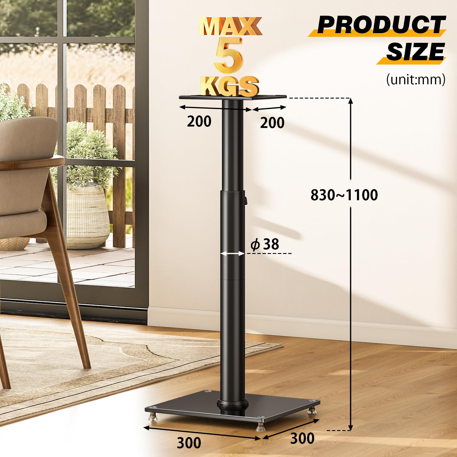 5Rcom Lot de 2 supports de haut-parleur universels pour son surround - Hauteur réglable de 830 mm à 1100 mm chacun - Capacité de 5 kg - Gestion des câbles - Assemblage facile - Noir