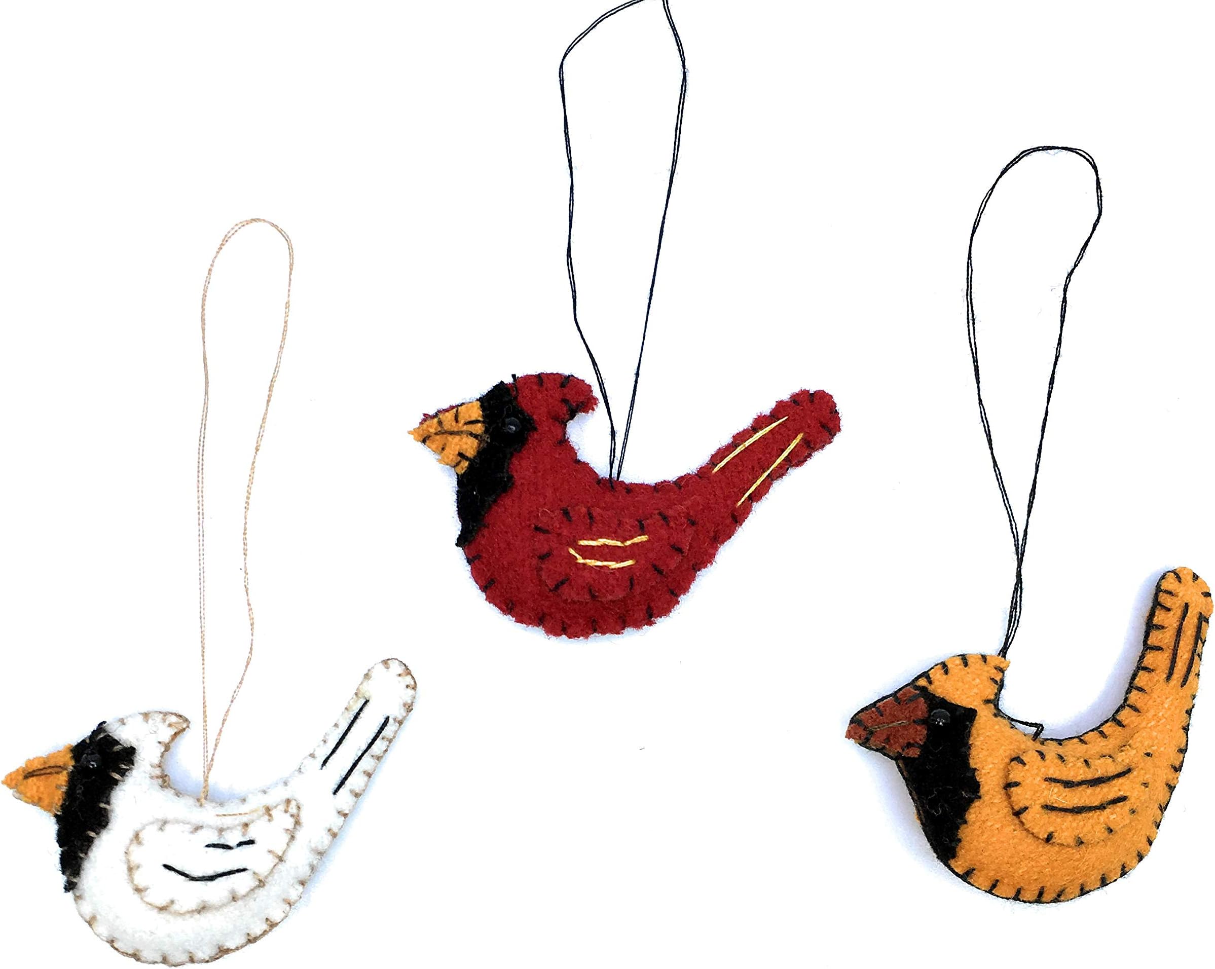 Ruth + Wilde Mini Bird Christmas Tree Ornaments, Set of 3 Wool Handmade, Cardinal Robin Finch Chickadee