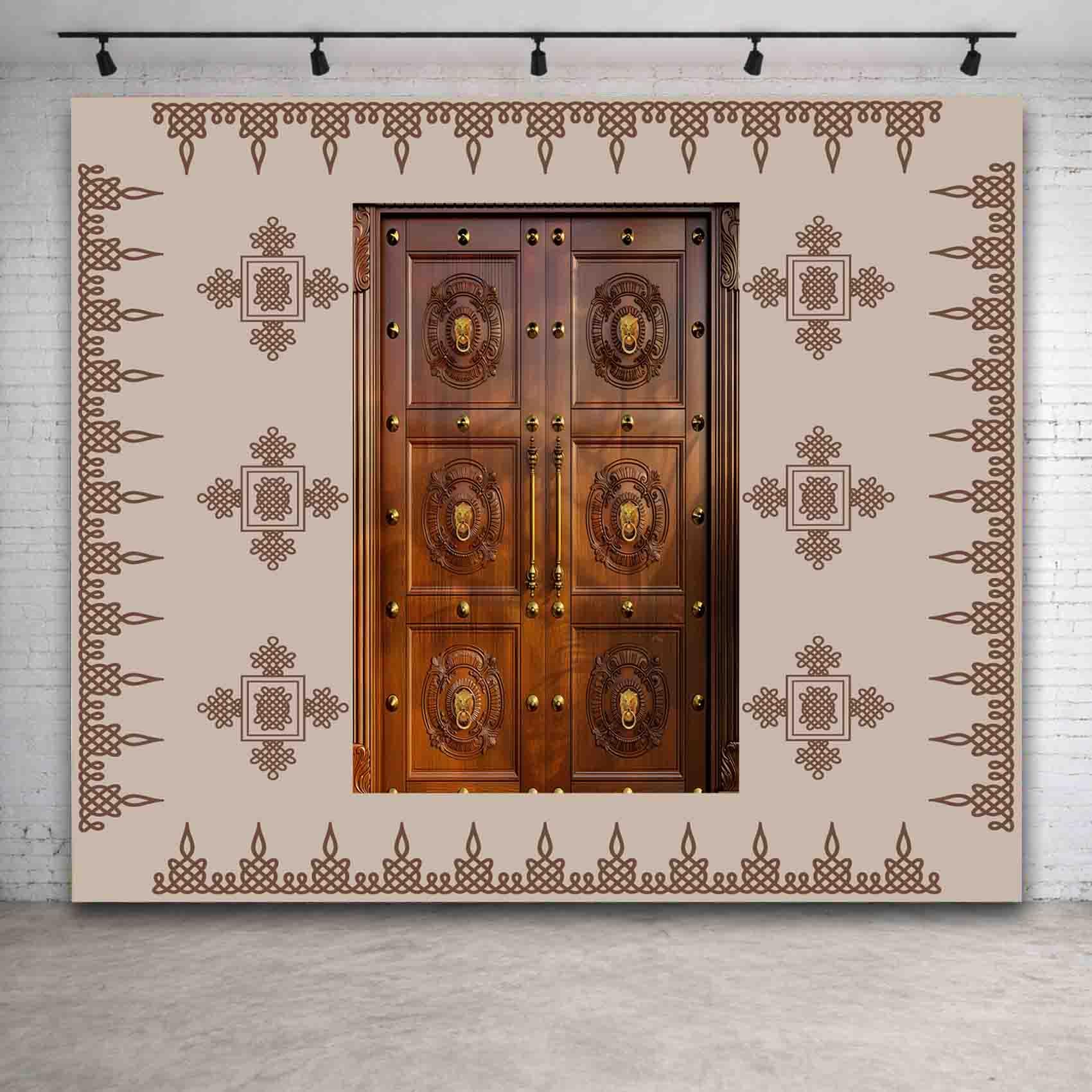 UL Rajwadi Brown Gate Pooja Backdrop Cloth, HD Printed Polyester, 8x8 Ft, Washable, with Curtain Rod Loop, Traditional Mandap Decoration-image-39