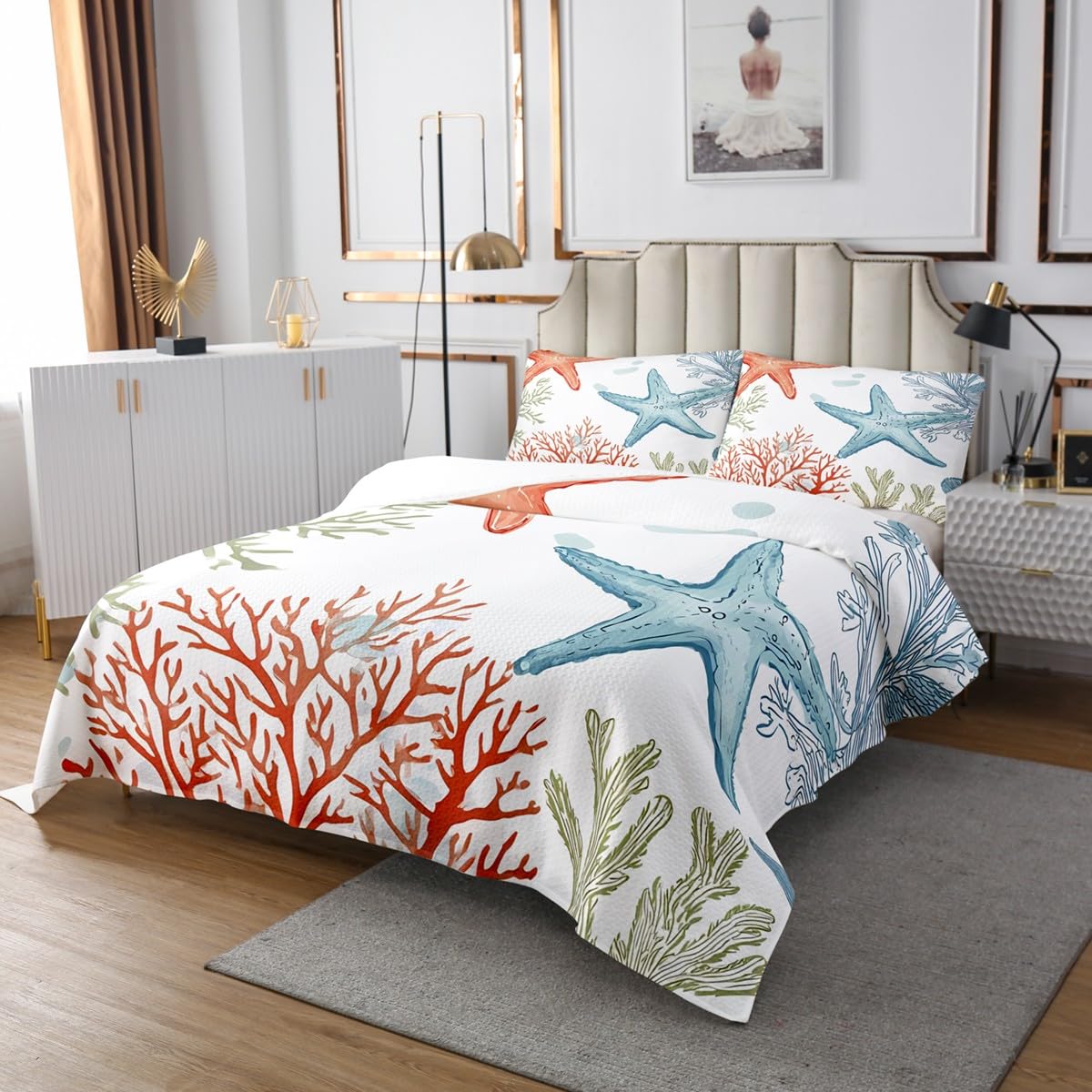Homewish Couvre-Lit 240x220 Coral D'Étoiles de Mer, Dessus de Lit Thème de L'Océan, Couverture de Lit Peinture À l'huile Vie Marine, Jetés de Lit Monde sous-Marin avec 2 Taies d'oreiller 51x75cm