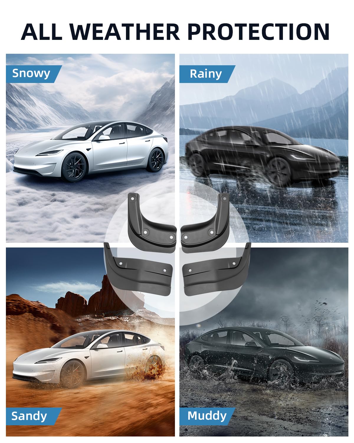 (4-Częściowy) Chlapacze dla Tesla Model 3 Highland 2024 2025 2026 | Błotniki Przednie i Tylne ze Śrubami Montażowymi, Tworzywo ABS, Nie Wymaga Wiercenia, Akcesoria Każdą Pogodę