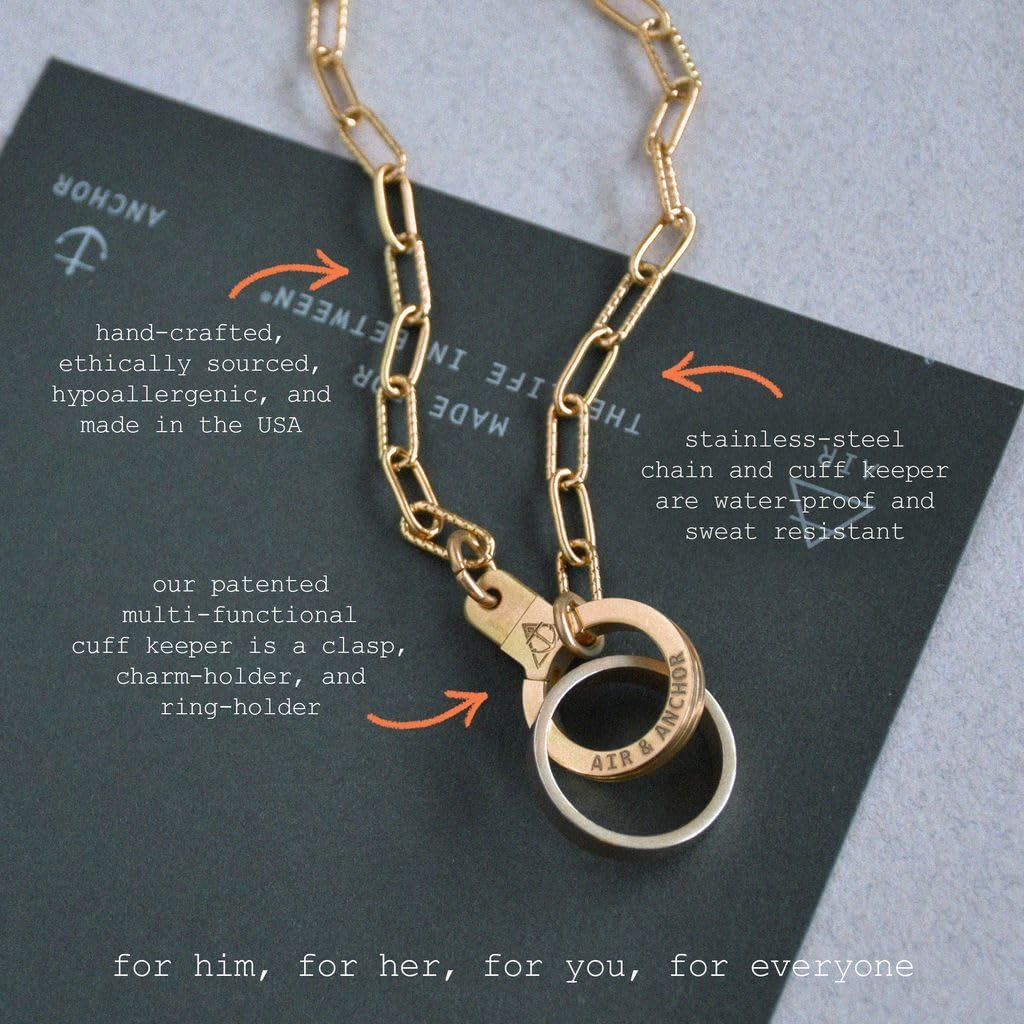 Air & Anchor Cuff Keeper Front Clasp Necklace, Ring Keeper Necklace Women & Men, Water/Sweat Resistant, Tarnish Proof & Hypoallergenic in Polished Stainless Steel or Gold Tone