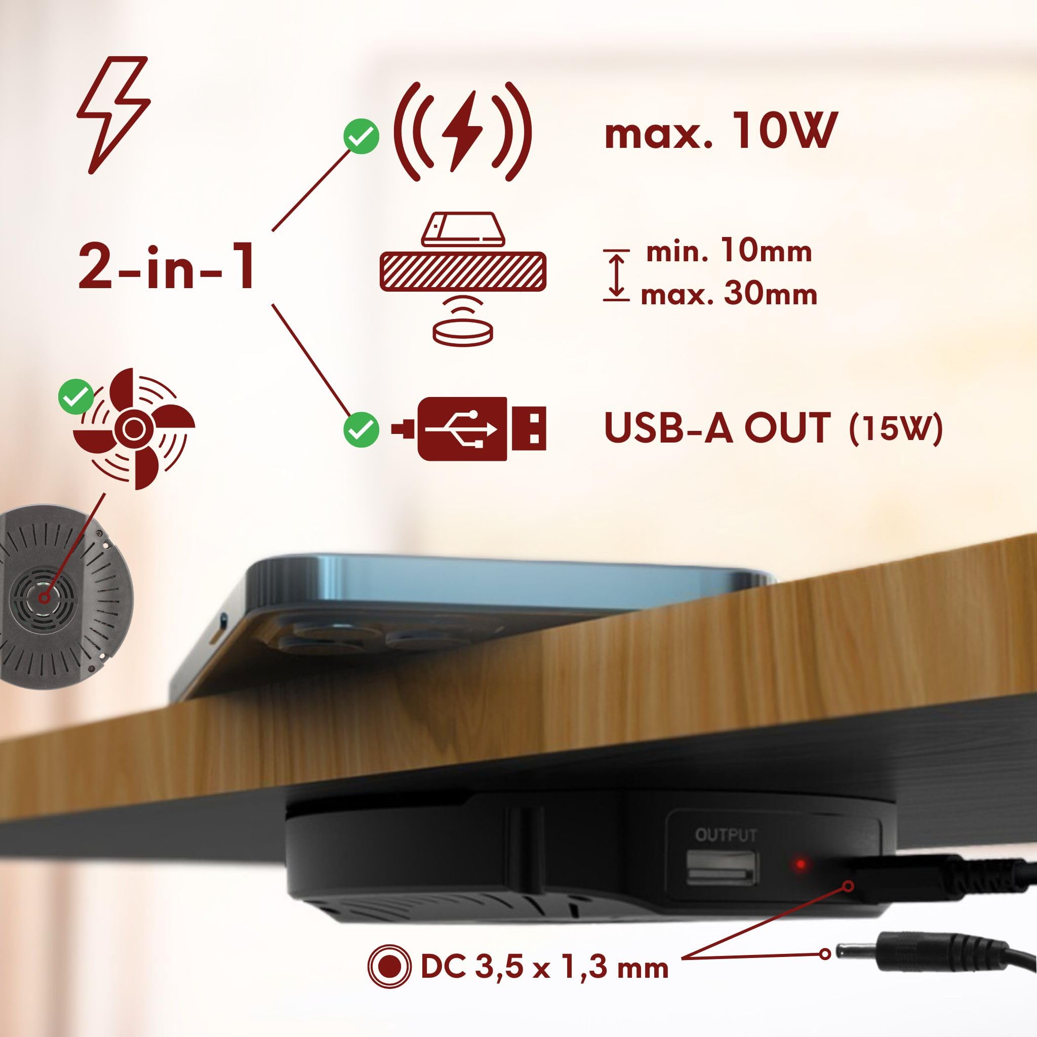 Kalb | DualCharge caricabatterie wireless da 10 W con uscita USB da 15 W, supporto fino a 30 mm, invisibile, caricatore a induzione con ventola, alimentatore di rete, cavo da 1200 mm