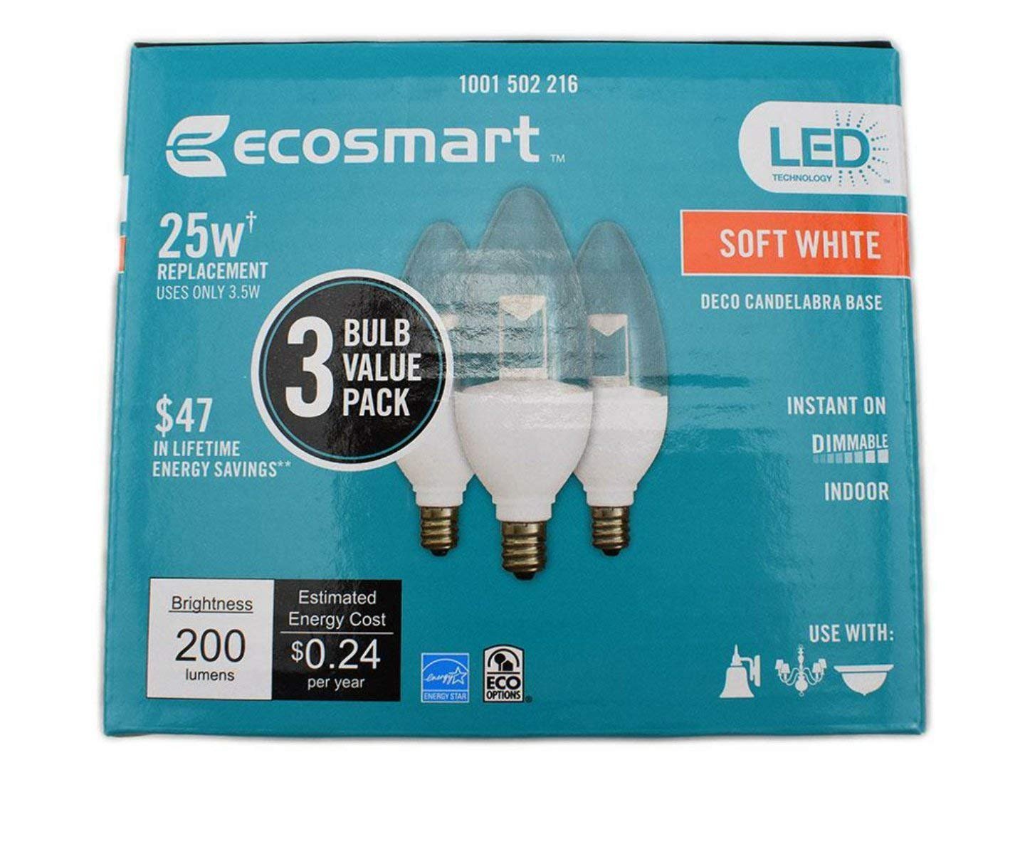 EcoSmart 40W Equivalent Soft White (2700K) B10 Candelabra CFL (3-Pack)