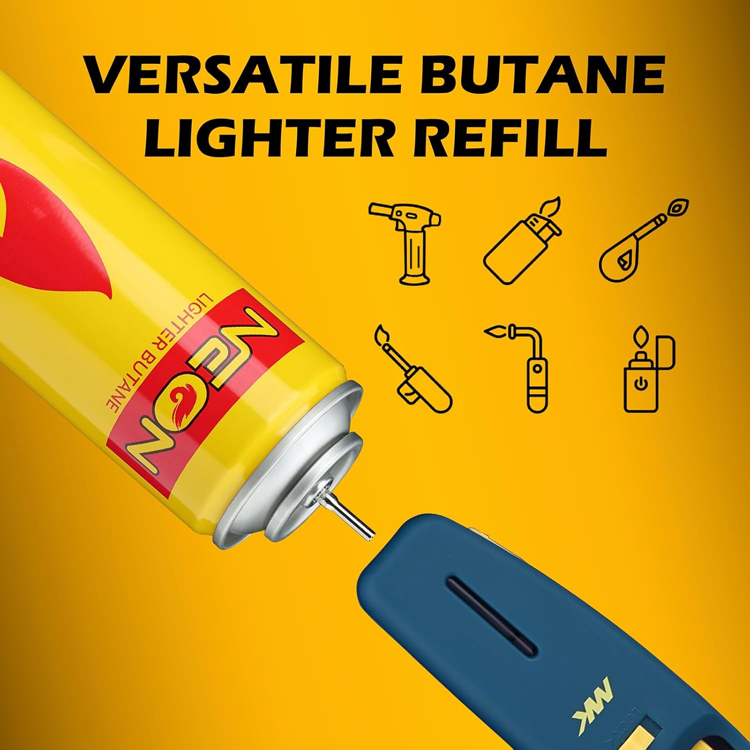 NEON Butane Fuel Refill, 300ml Ultra Refined Lighter Fluid, Premium 99.999% Pure Butane Gas with Metal Nozzle and 5 Butane Adapter Tips for Torch Lighter, Kitchen Torches, Refillable Lighters