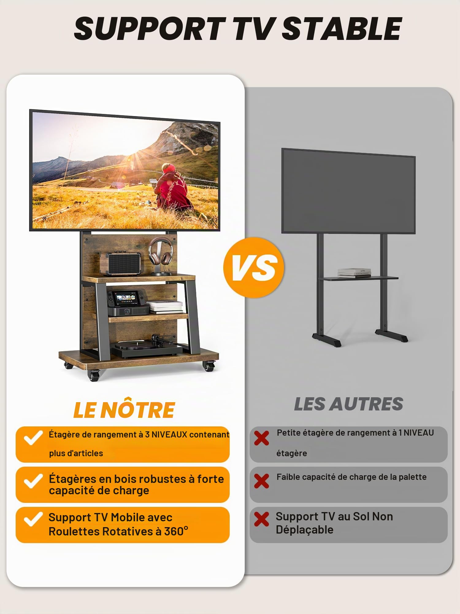 Support de télévision Roulant avec roulettes pour écrans de 32 à 75 Pouces, Support TV Roulette et Grand Espace de Stockage – Support TV sur Pied réglable en Hauteur, avec Une capacité Max de 68 kg