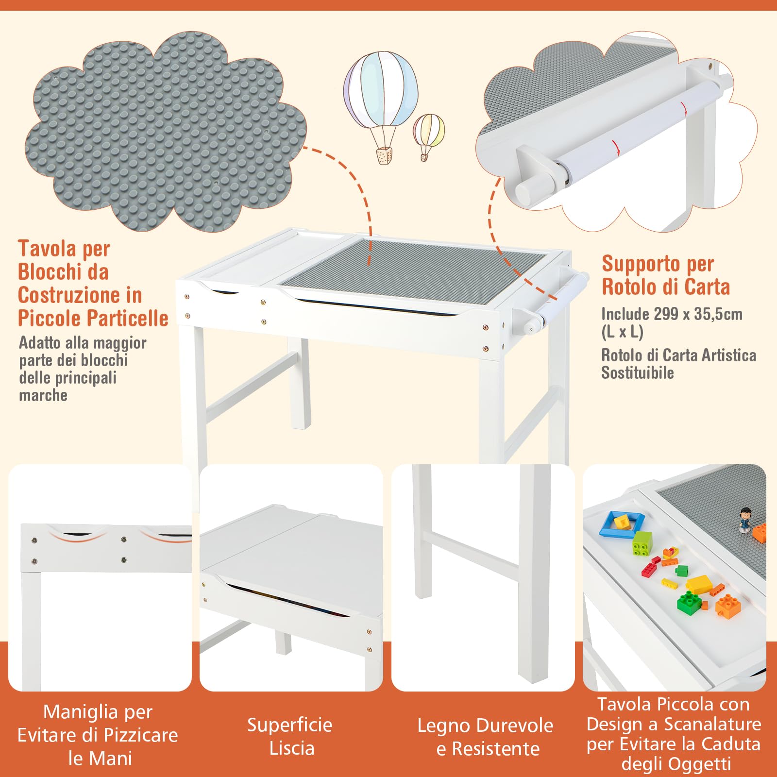 COSTWAY Tavolo da Gioco per Bambini in Legno con Piano Reversibile, Tavolo Multiattività Bambini 2 in 1, Porta Rotolo di Carta da Disegno, per Camera da Letto, Soggiorno (Bianco)