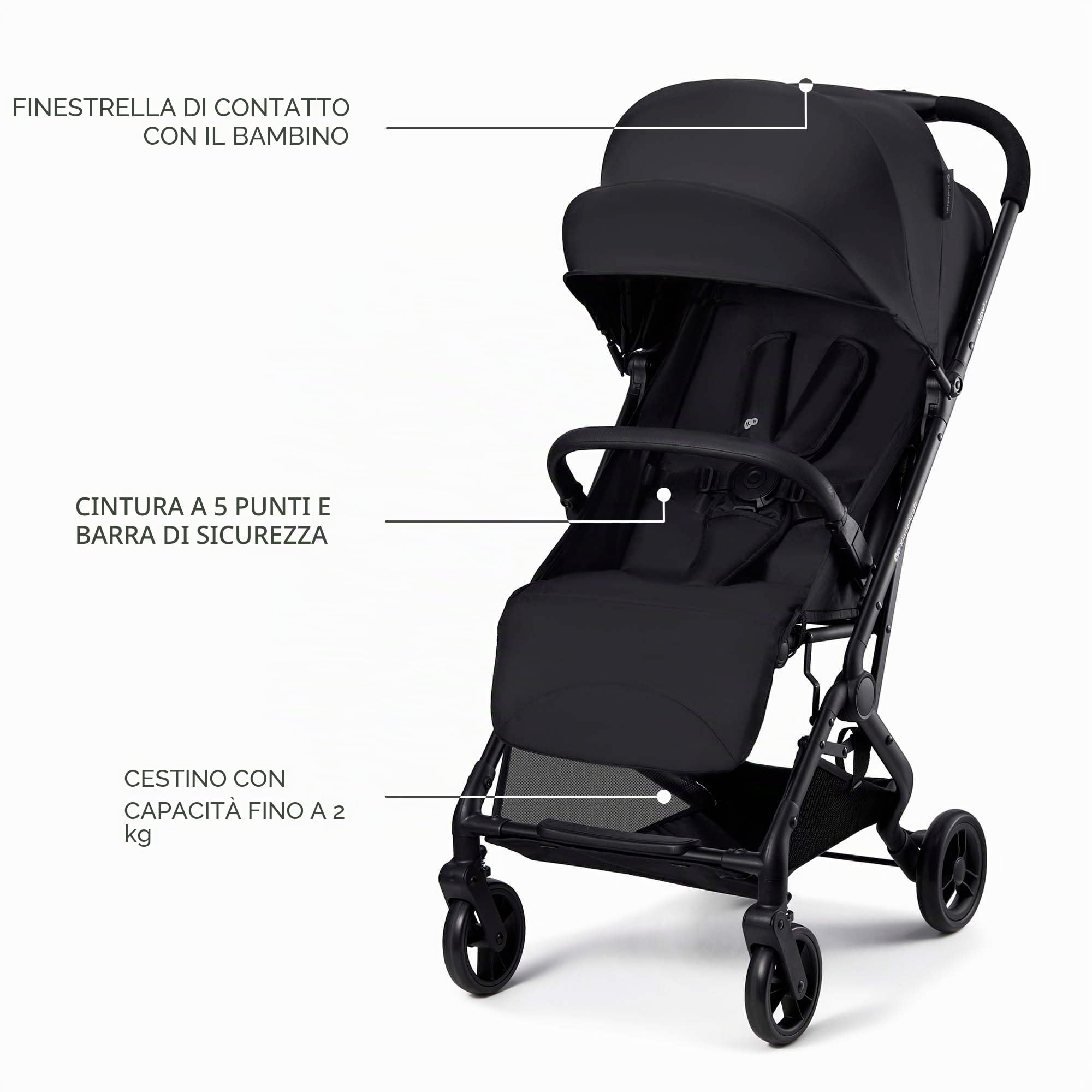 Kinderkraft INDY 3 Passeggino Leggero e Compatto, Chiusura con una Mano, Ultraleggero 7,3 kg, Reclinabile, Cinghia per Trasporto, Ruote Resistenti, Ideale per Viaggi e Città, Nero