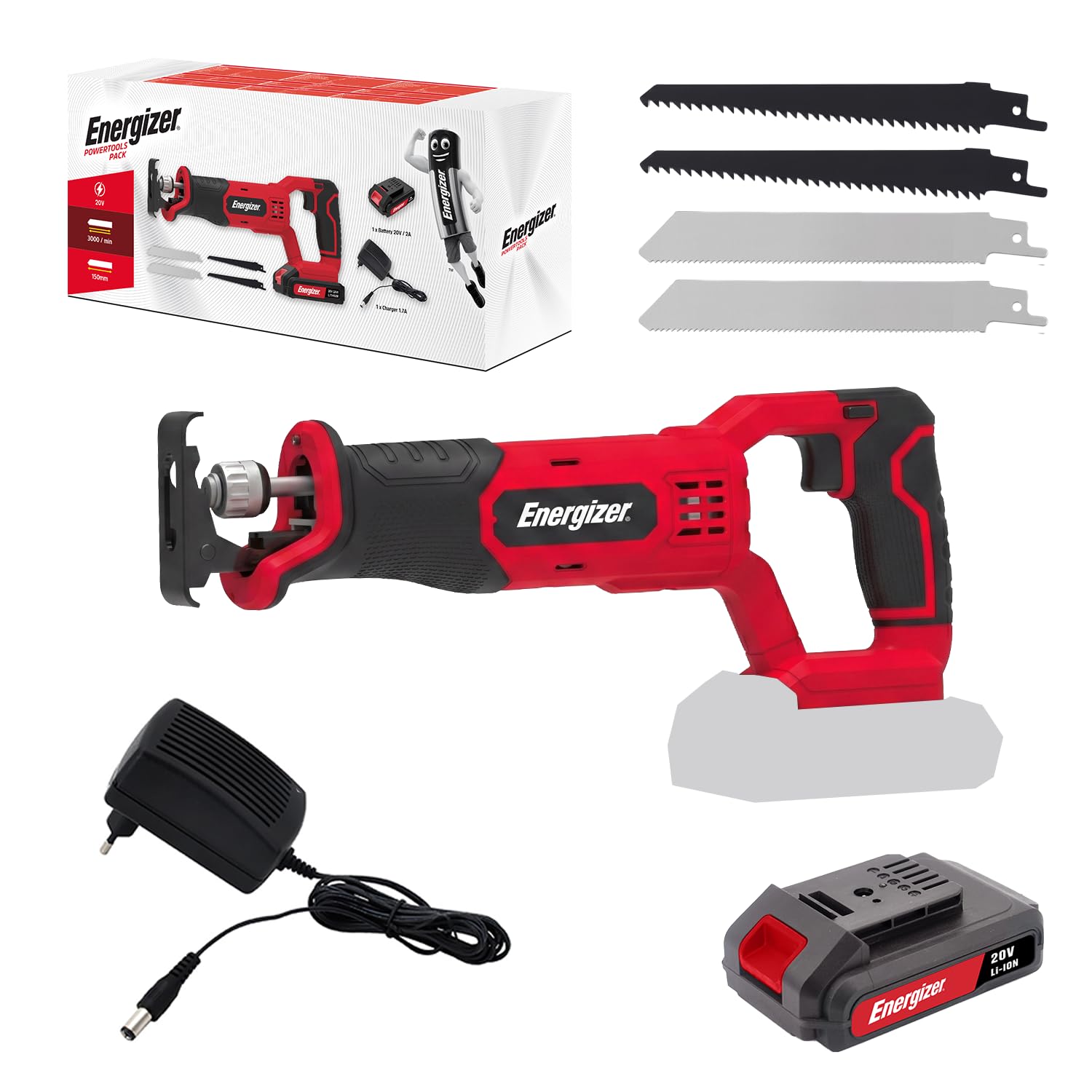 Energizer Sega a sciabola senza fili 20 V Brushless 3000SPM, Corsa 28 mm, Cambiamento lama senza attrezzi, Taglio Legno Metallo PVC, Batteria 2.0 Ah e Caricabatterie Inclusi, Rosso