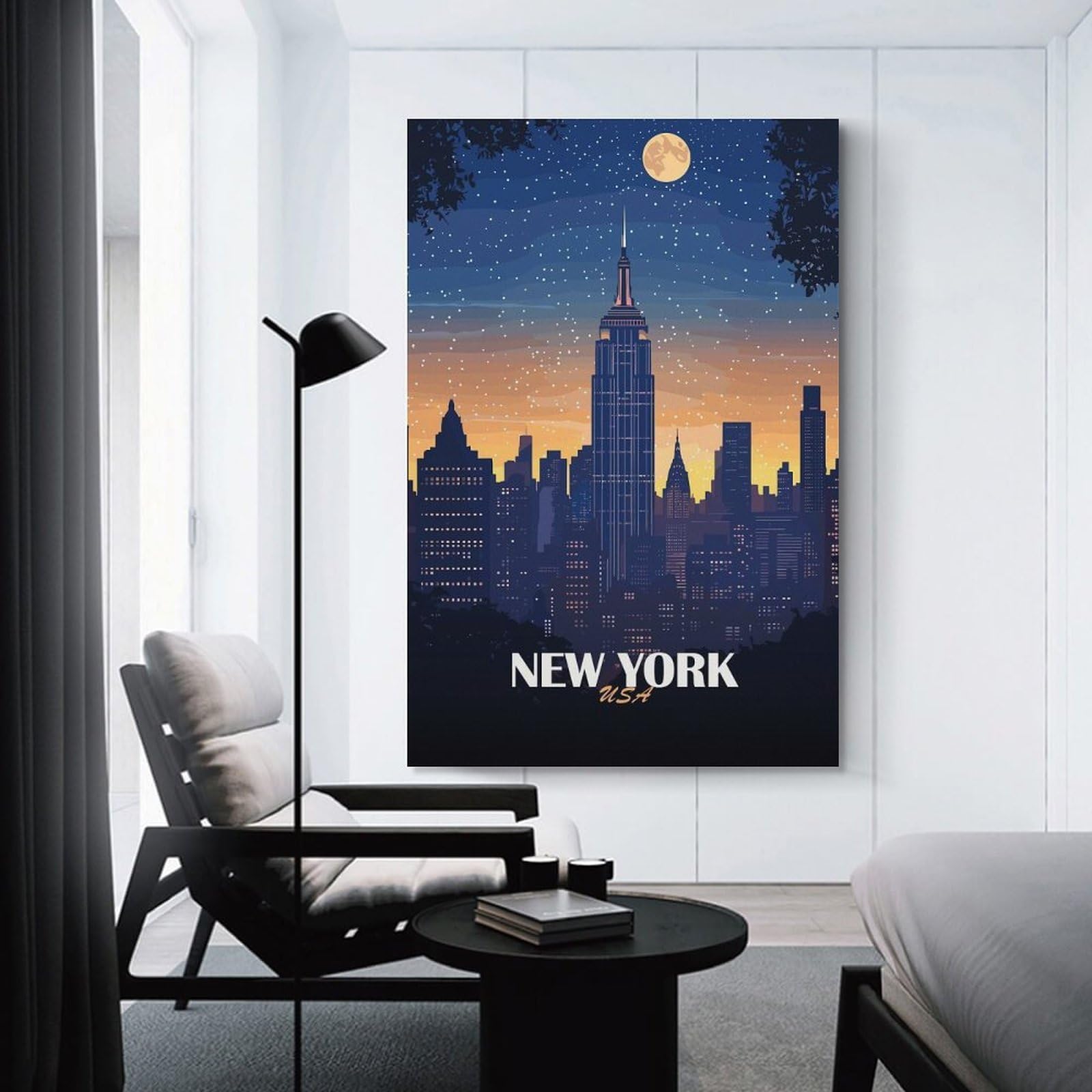 Junmoney Wall Picture Print New York City Skyline at Night, 20x30inch(50x75cm), for Small Homes, Bedrooms Or Open Spaces, An Easy Choice for New Home Styling