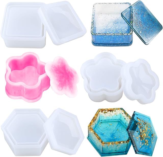 Mocoosy Box Resin Moulds, Jewelry Box Resin Molds with Hexagon Epoxy Resin Moulds Silicone Square Resin Molds & Flower Shape Trinket Box Silicone Mould for Resin Casting Crafts