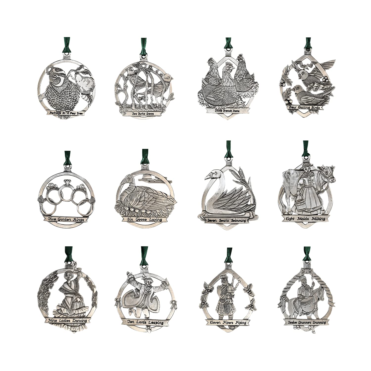 Heritage Pewter 12 Days of Christmas Ornaments – Set of 12 Fine Pewter Ornaments with 11” Satin Ribbon | Expertly Crafted Pewter