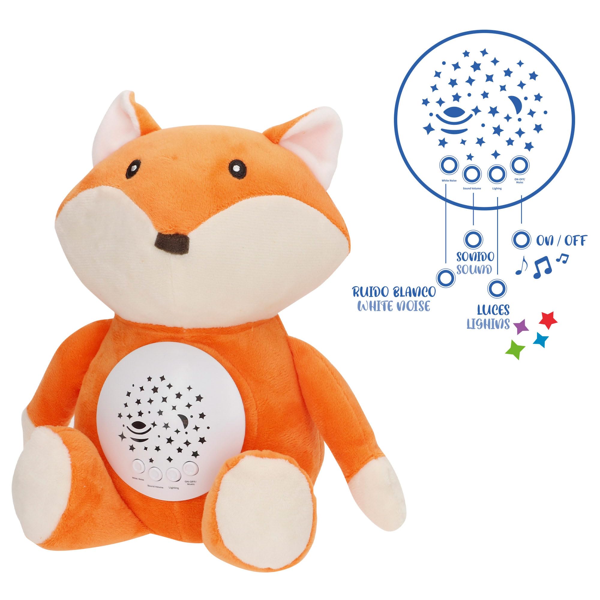 ColorBaby Genial Baby Projecteur étoiles, renard, 27 cm, Veilleuse et minuteur, Peluche effrayante pour enfant, avec sons et bruit blanc bébé, cadeau nouveau-né, cadeaux pour bébé (34031)